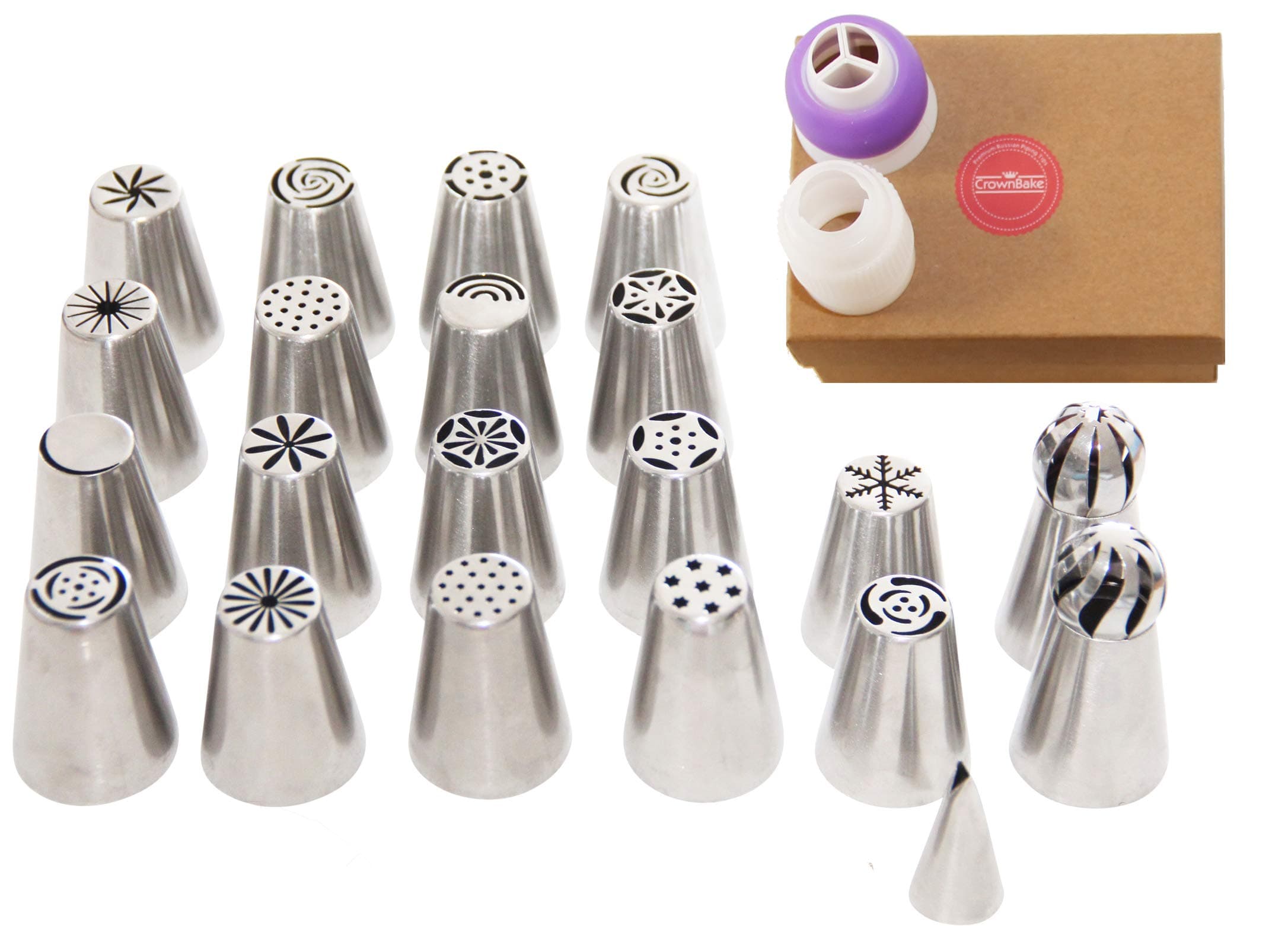 Russian Piping Tips CrownBake DELUXE 33 Pcs Set- 2 Sphere Ball Nozzles, 2 Large Couplers, 10 Disposable Pastry bags - For Cake Cupcake Decorating. Perfect Gift For Bakers - FREE 12 PAGE EBOOK