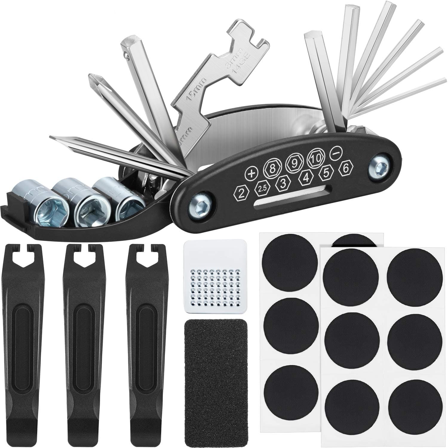 Maxdot Multi-Function 16-in-1 Bike Repair Tool Bicycle Cycling Mechanic Tool Kit with 3 Pieces Bike Tire Lever Tire Pry Bars Rods and 12 Pieces Bicycle Inner Tube Puncture Patches