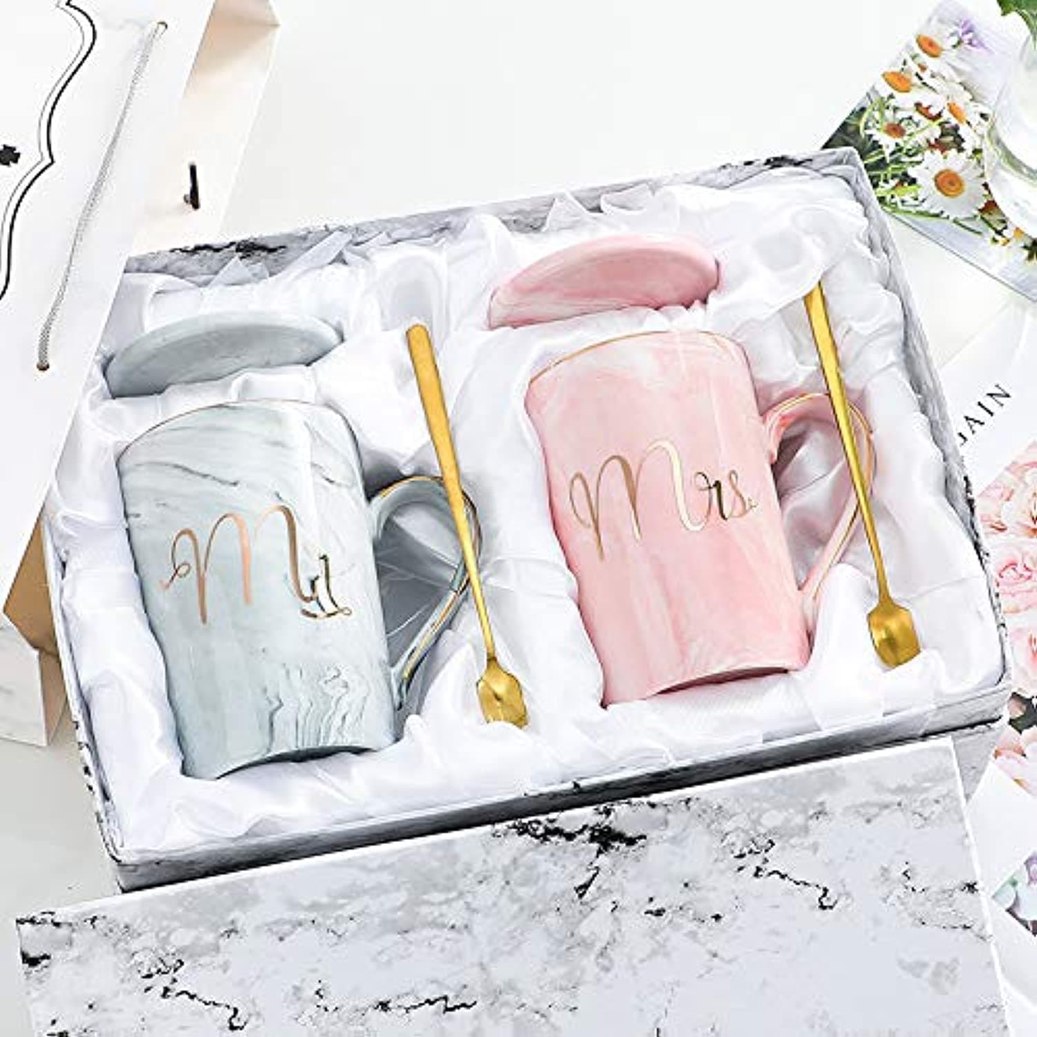 Mr and Mrs Coffee Mugs Set, Unique Wedding Gift Bride and Groom, Gift for Bridal Shower Engagement Wedding and Married Couples Anniversary, Ceramic Marble Cups 14 oz (Style 1)