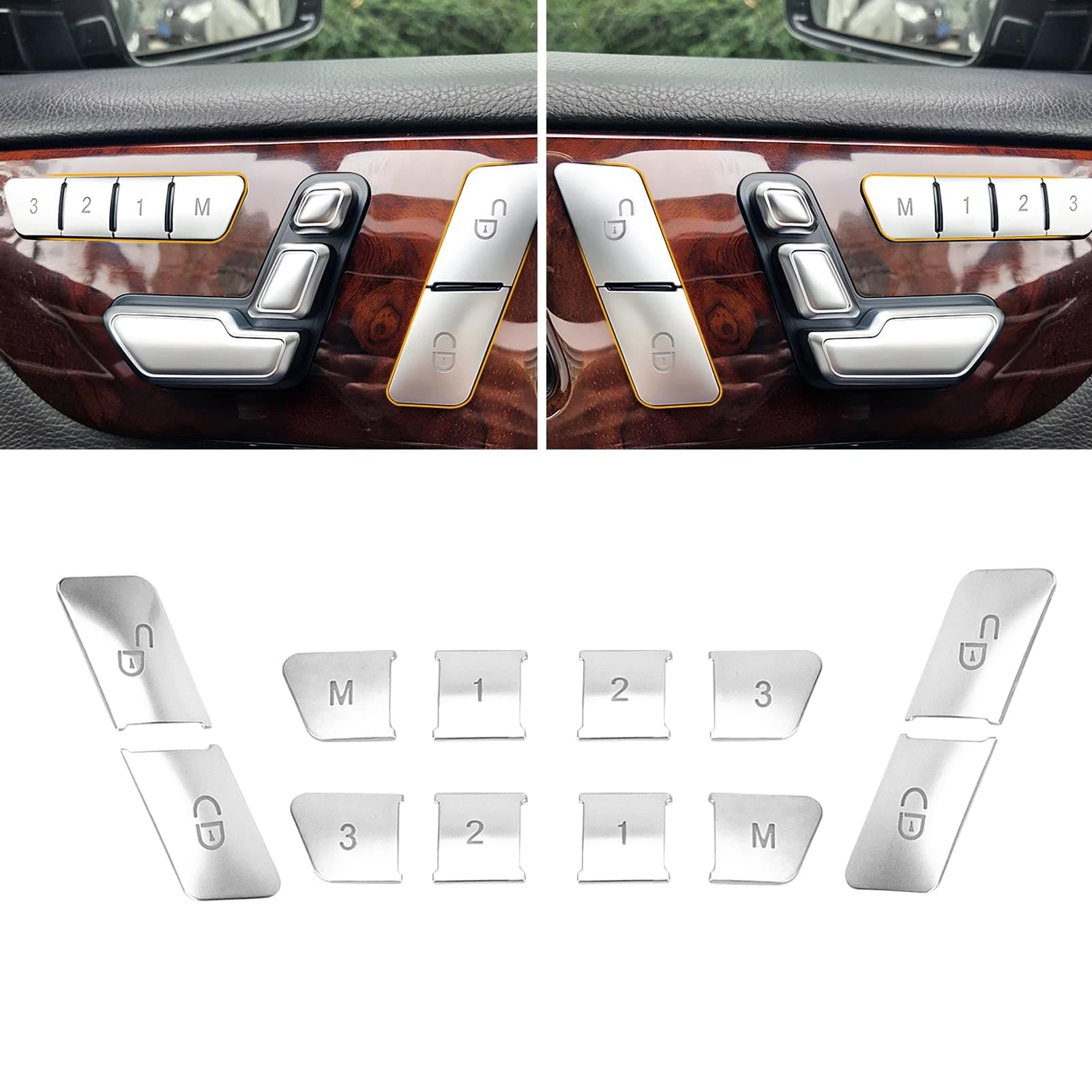 Moonlinks W204 Chrome Lock Unlock Button Stickers Seat Memory Door Switch Trim Cover Interior Decoration Compatible with Mercedes Benz GLK ML GL A B C E C117 GLA CLA CLS W218 X156 GLE GL GLS