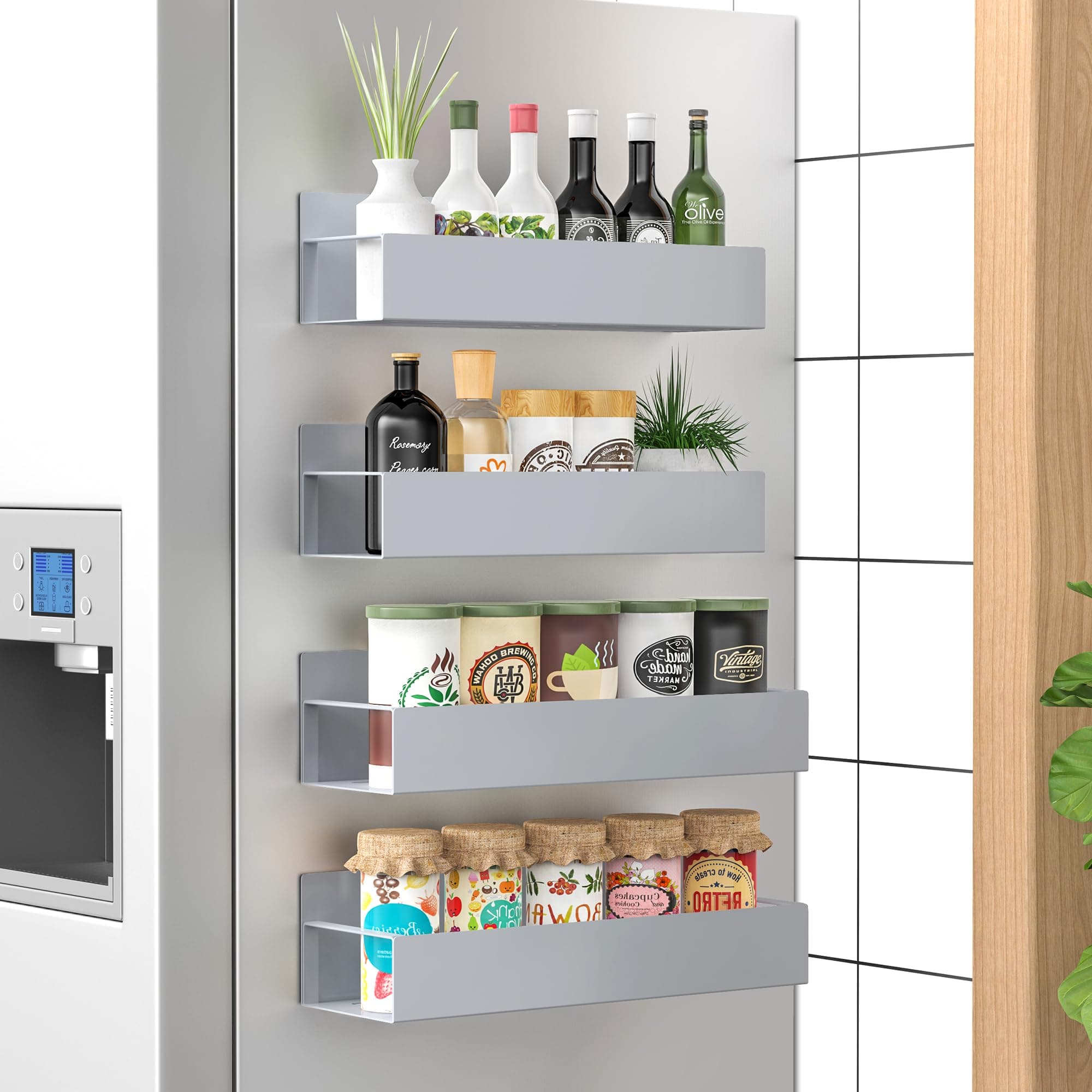 4 Pack Magnetic Spice Storage Rack Organizer for Refrigerator and Oven, Gray Fridge Organizers and Storage