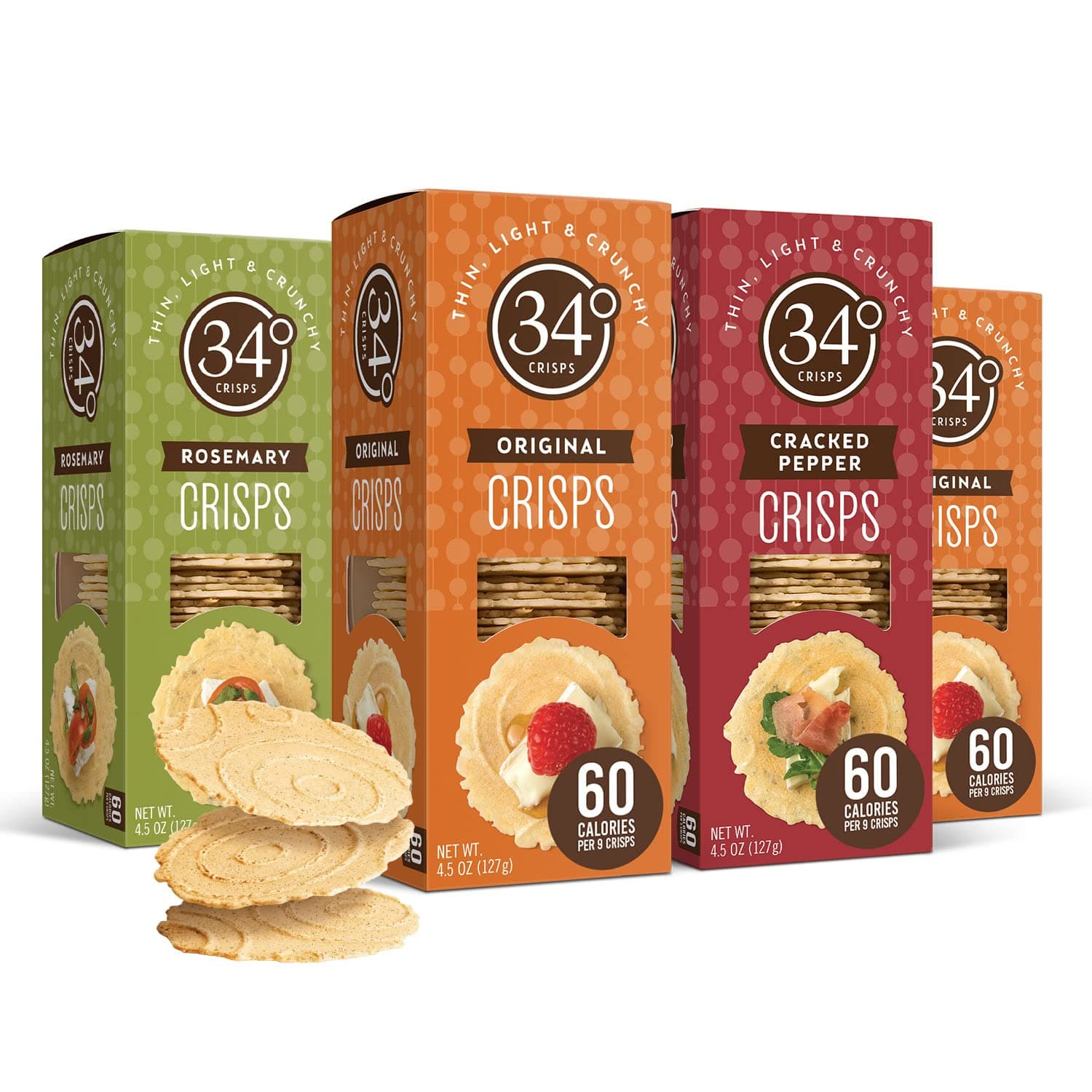 34 Degrees Crisps | Entertaining Variety Pack - 2 Original, 1 Cracked Pepper, 1 Rosemary | Thin, Light & Crunchy Variety Pack Crisps, 4 Pack (4.5oz each)