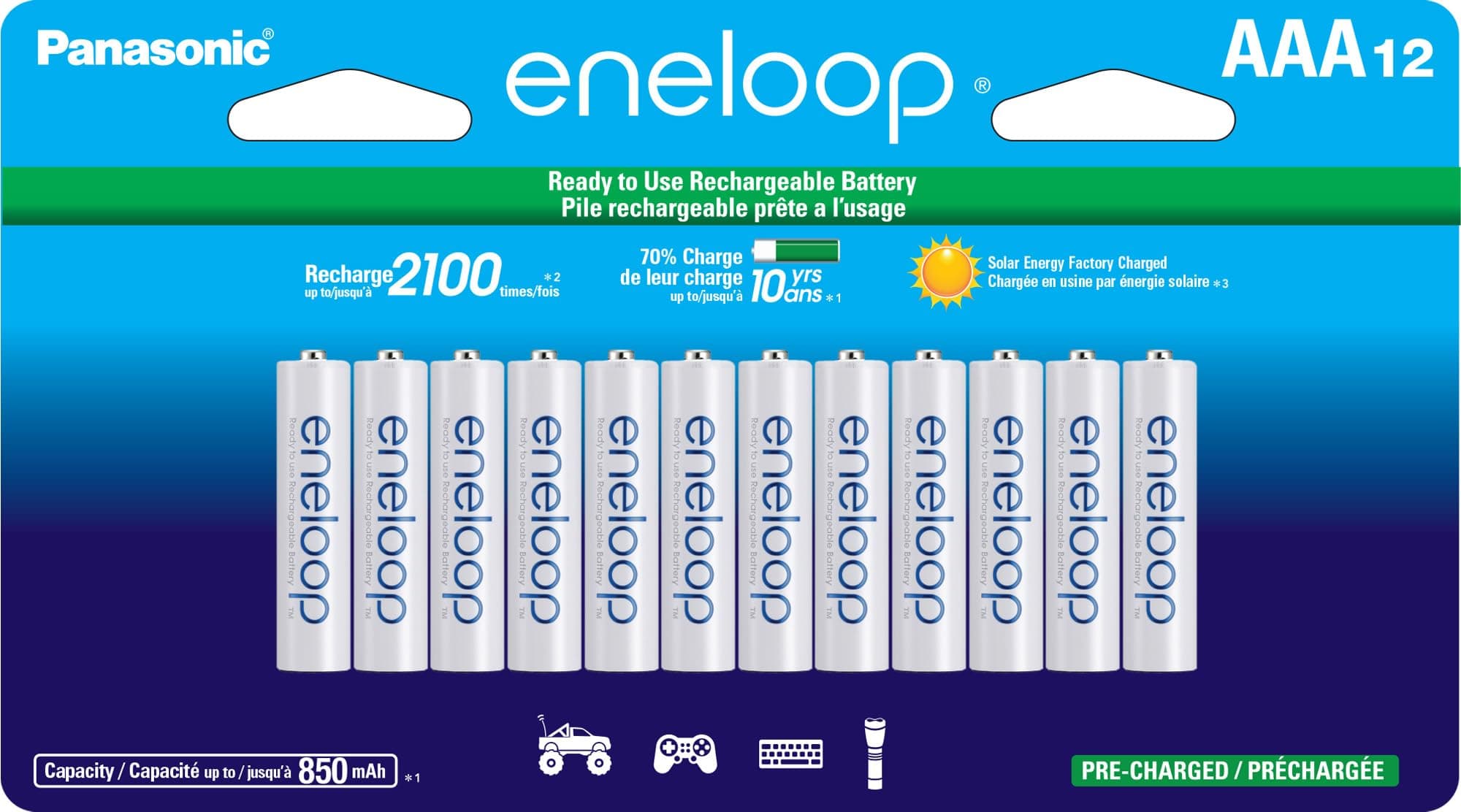 Panasonic BK-4MCCA12BA Eneloop AAA 2100 Cycle Ni-MH Pre-Charged Rechargeable Batteries, 12 Pack