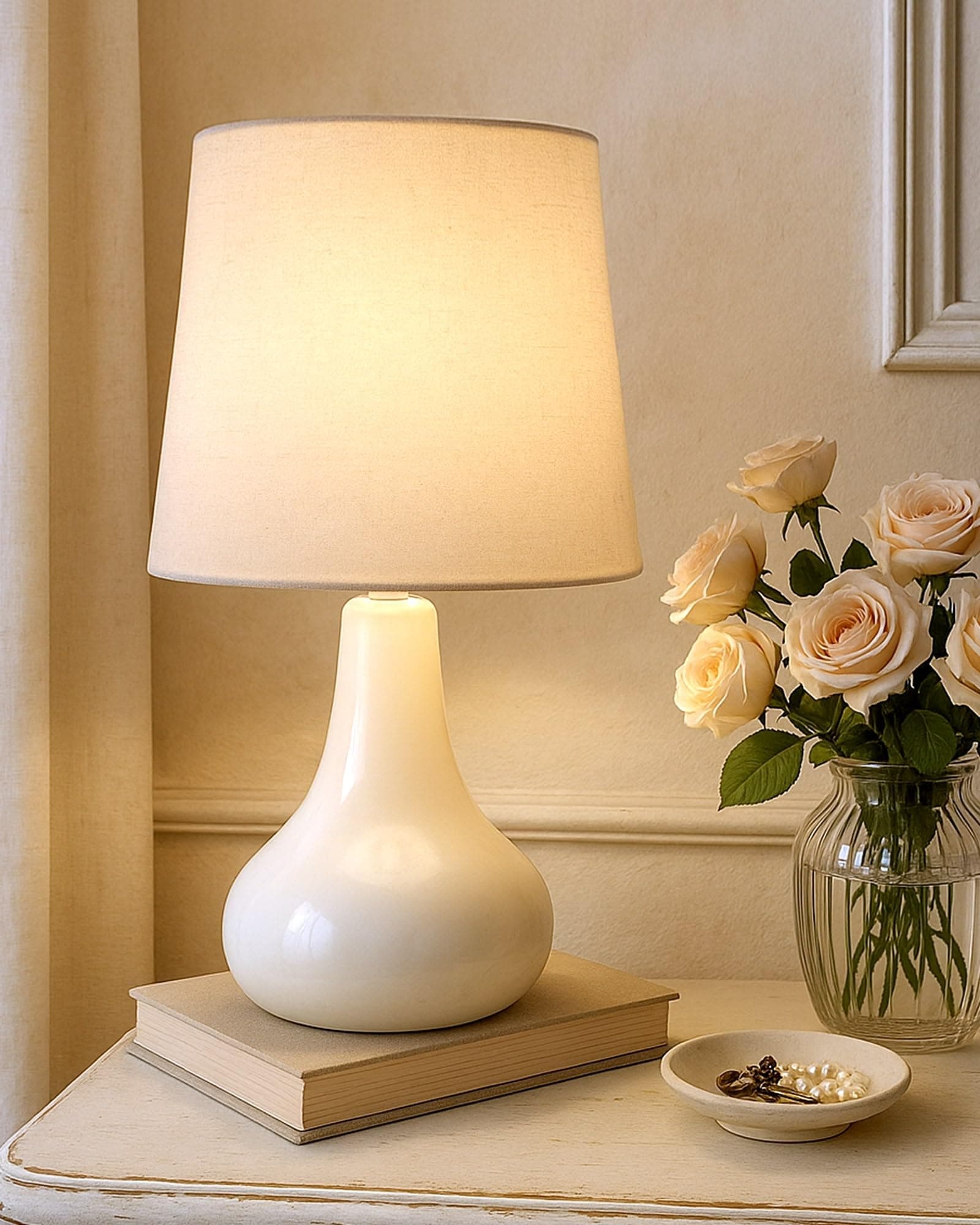 Homesake® Modern Small Ceramic Table Lamp, Classic Bedside Desk lamp for Living Room Bedroom, Farmhouse Nightstand Lamps with Fabric Shade (White)