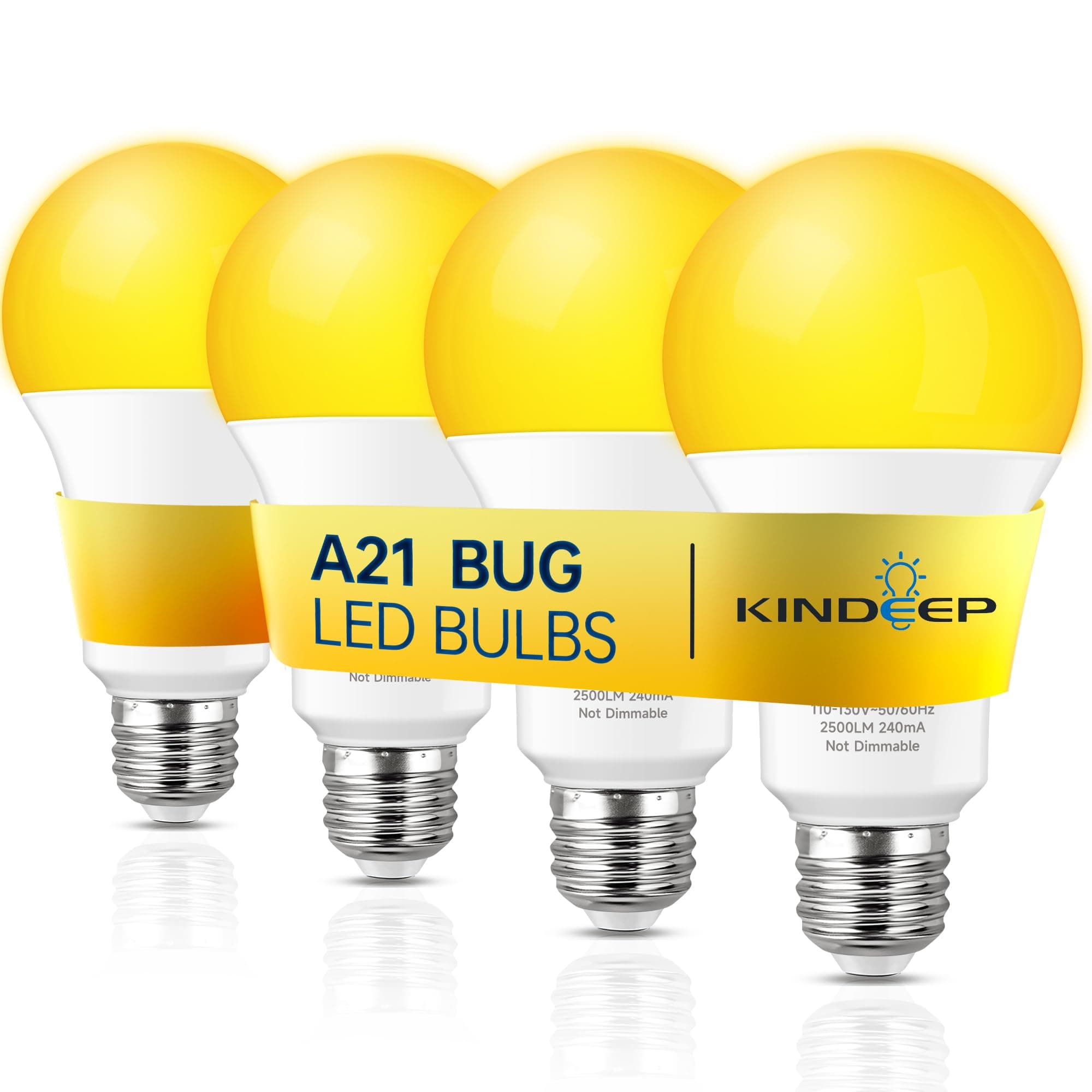 KINDEEP Yellow Bug Light Bulb Outdoor, 150W-200W Equivalent LED Bug Light for Outside, A21 E26 23W 2000K Warm Lights Bulbs for Porch/Patio/Hallway/Backyard, Non-Dim White Housing, 4 Pack