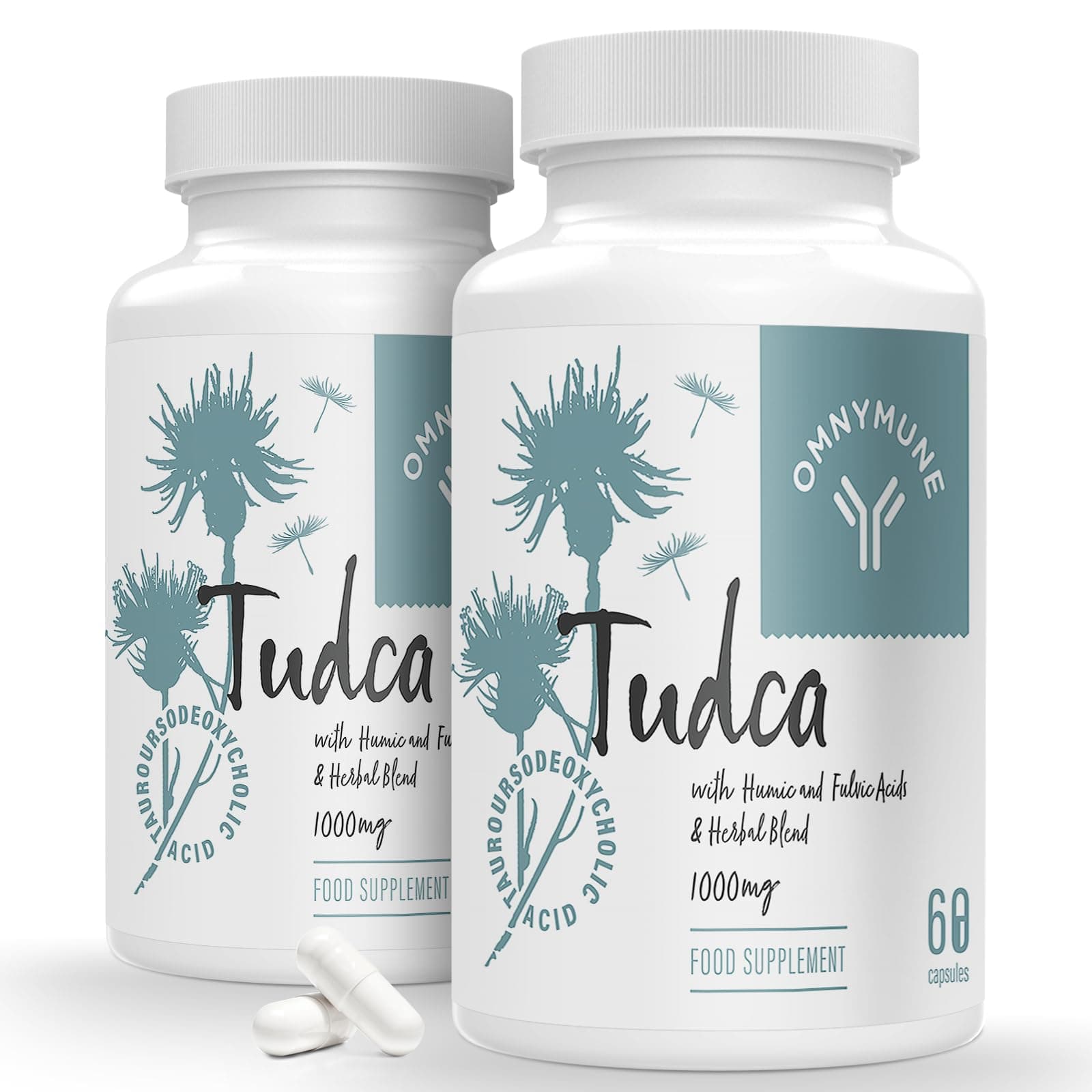 TUDCA Liver Supplements 1000 mg Per Serving (120 Capsules, 2 Pack), Tauroursodeoxycholic Acid with Humic and Fulvic, Herbal Blend, for Detox Cleanse, Digestive Health