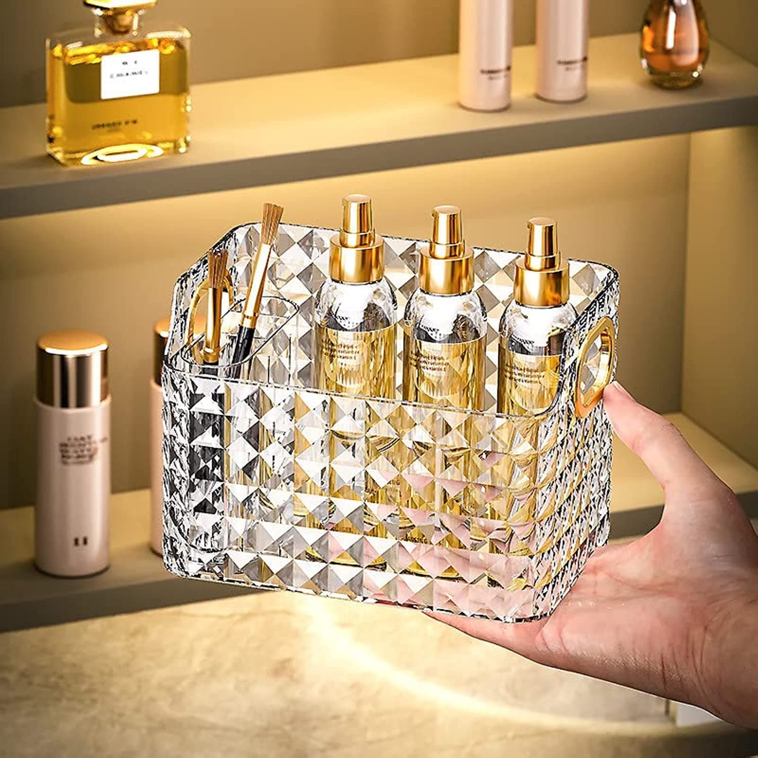 Makeup Organizer, Large Makeup Display Case, Plastic Cosmetic Organizer, Great for Bathroom Countertop Bedroom Dresser (Clear L)