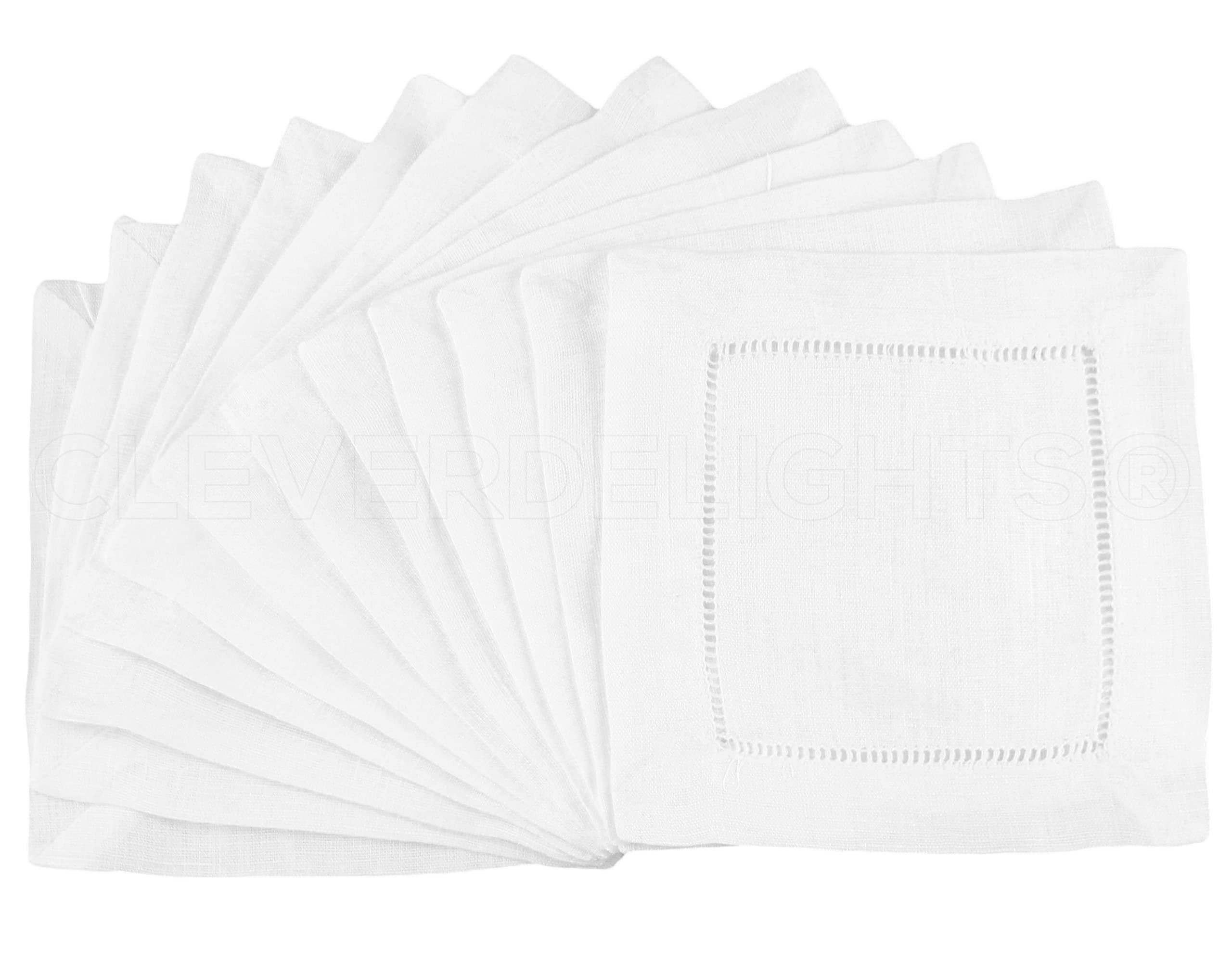 CleverDelights White Hemstitch 6" Cocktail Napkins - 12 Pack - 55/45 Linen Cotton Blend