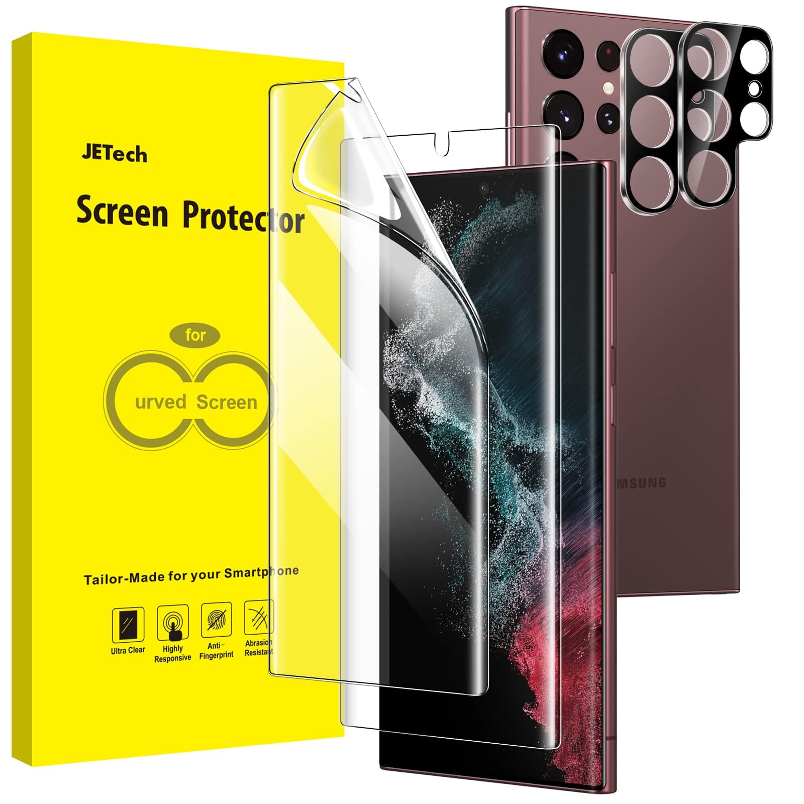 – JETech Screen Protector for Samsung Galaxy S22 Ultra 5G 6.8-Inch with Camera Lens Protector, Flexible TPU Film, Fingerprint ID Compatible, HD Clear, Easy Installation, 2-Pack Each