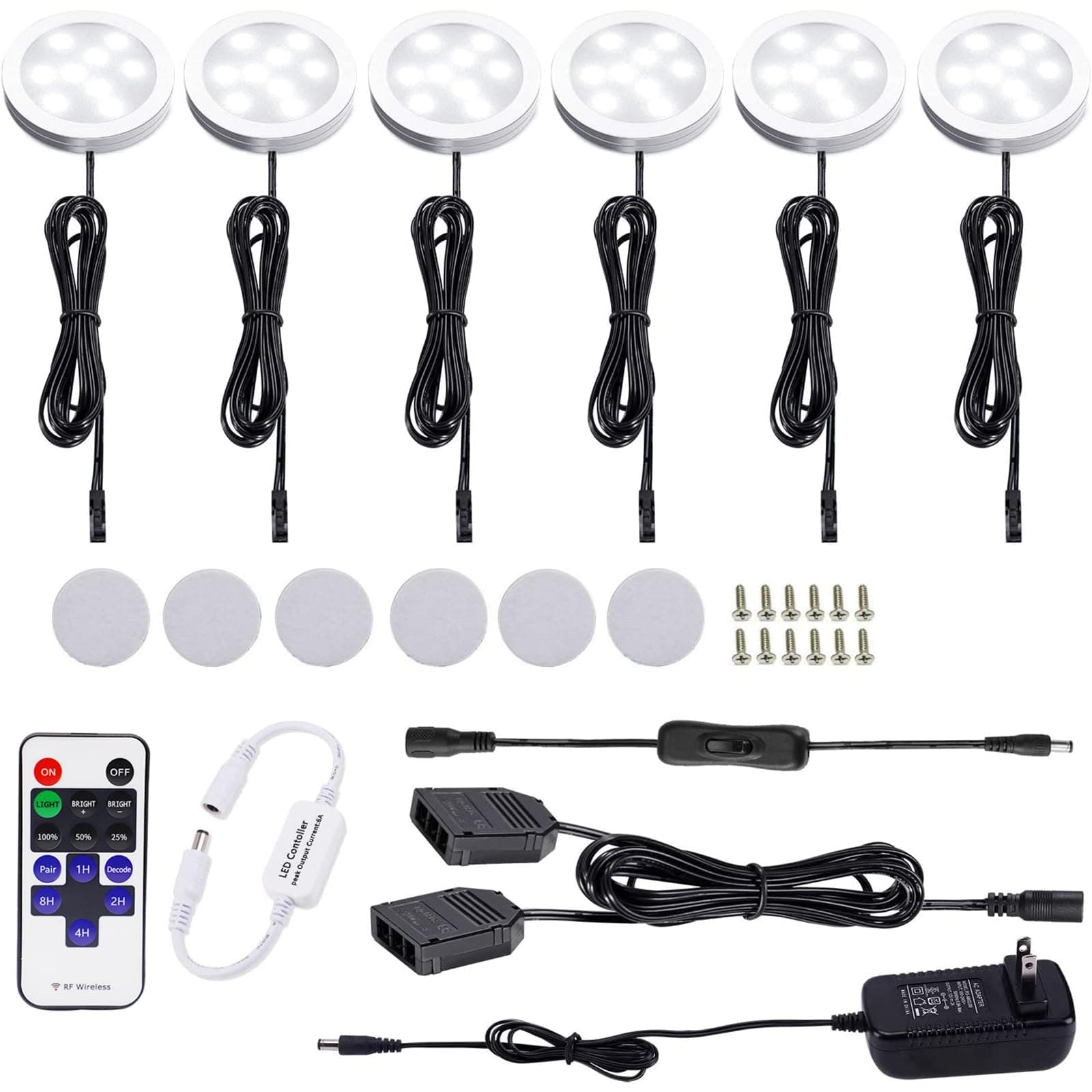 12V LED Under Cabinet Lights Kit 6 Pack Black Cord Aluminum Puck Lights for Kitchen Counter Closet Lighting with Wireless Dimmable RF Remote Control 6 Lights 12W (6000K Daylight White)