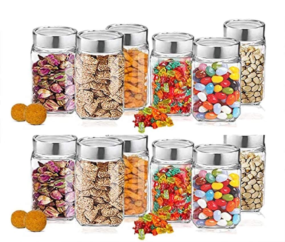Vency Cube Jar 310ml , Transparent Storage Container Glass Jar, Kitchen Glass Bottle for Spices (Set Of 12)
