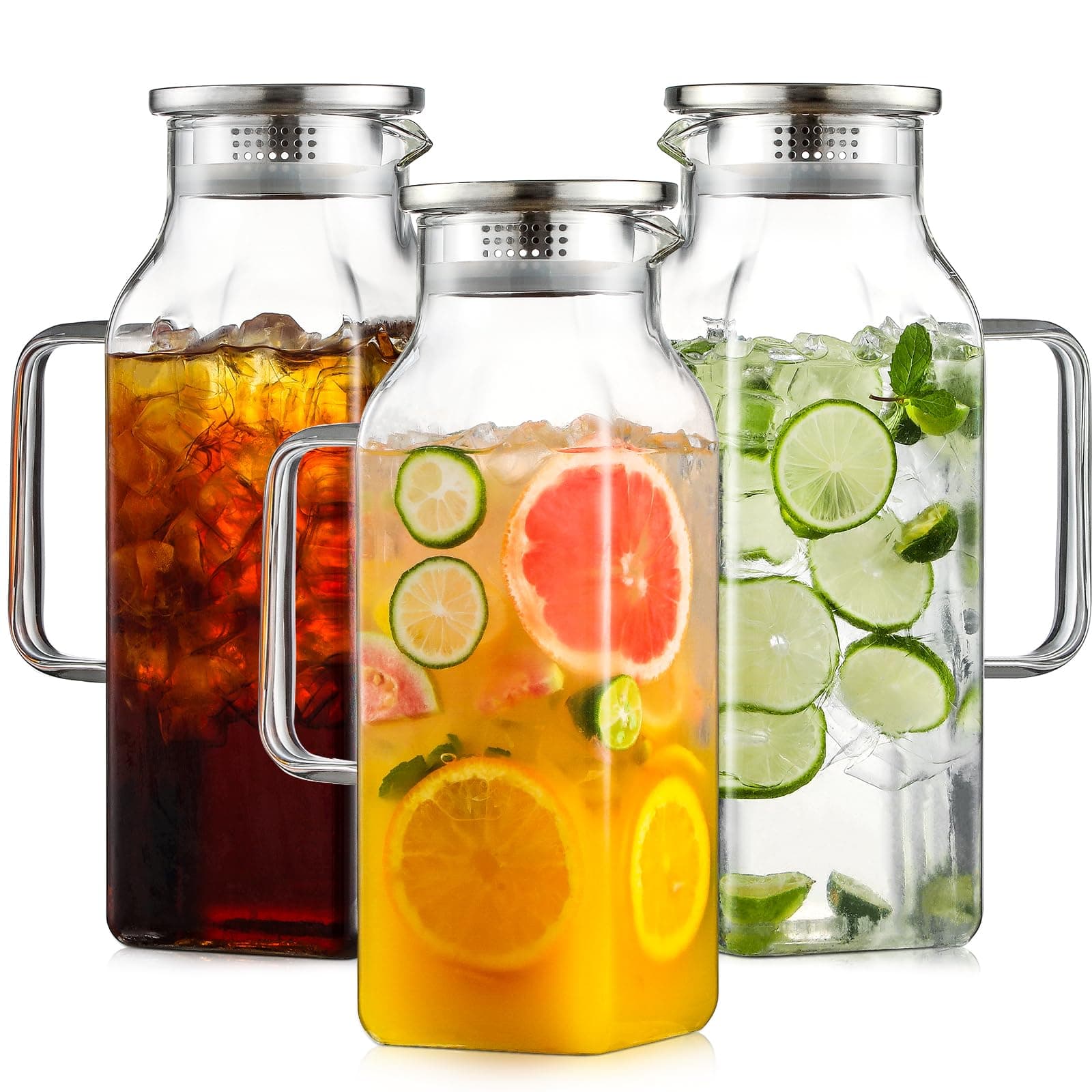 Netany 3 Pack 2 Liters/68 oz Square Glass Pitcher with Lid and Handle for Fridge, Iced Tea and Coffee Carafe Beverage Serveware, Heat Resistant Borosilicate Water Jug for Hot/Cold Drinks and Milk