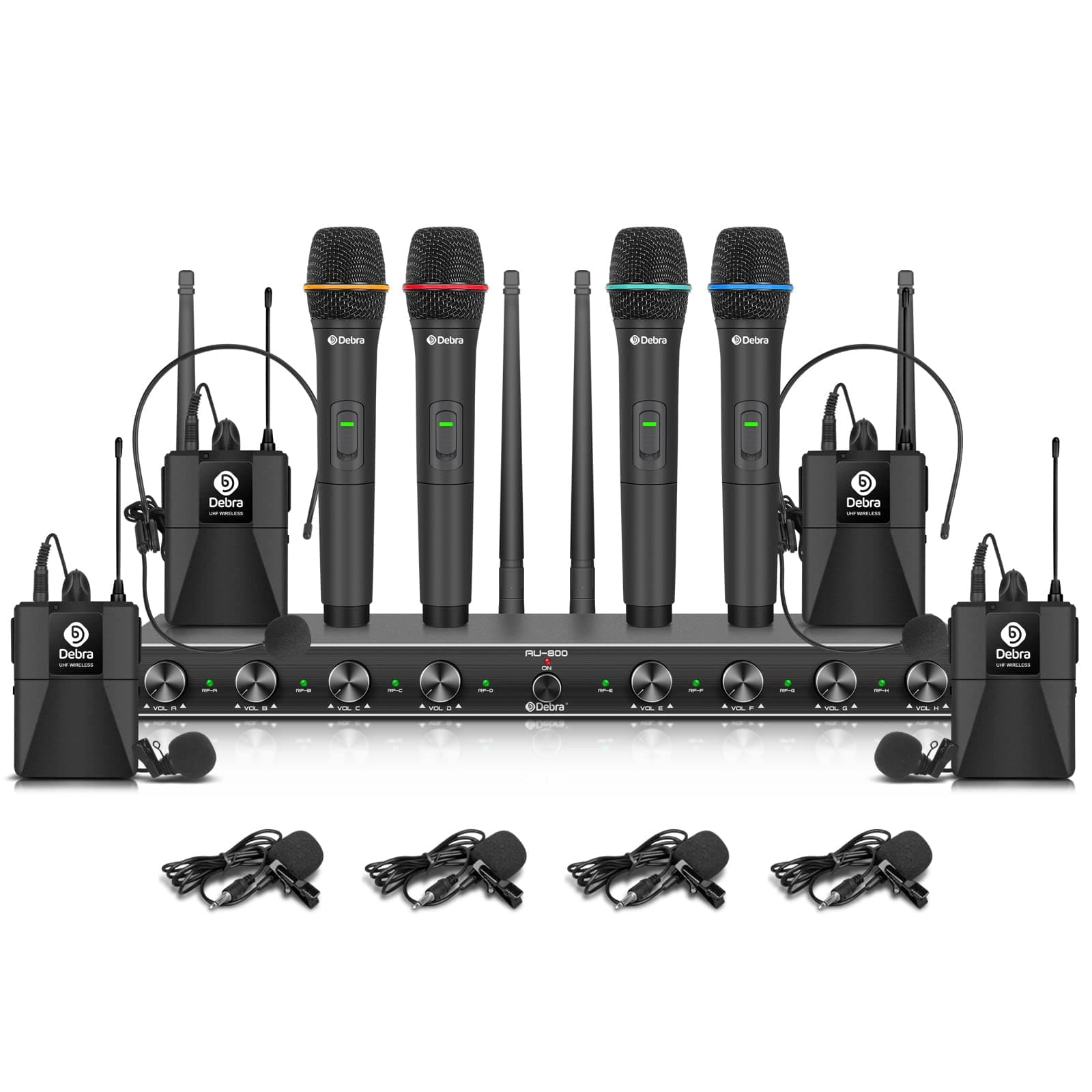 Audio AU800 Pro UHF 8 Channel Wireless Microphone System with Cordless Handheld Lavalier Headset Mics, Metal Receiver, Ideal for Karaoke Church Party (4 Handheld & 4 Bodypack)