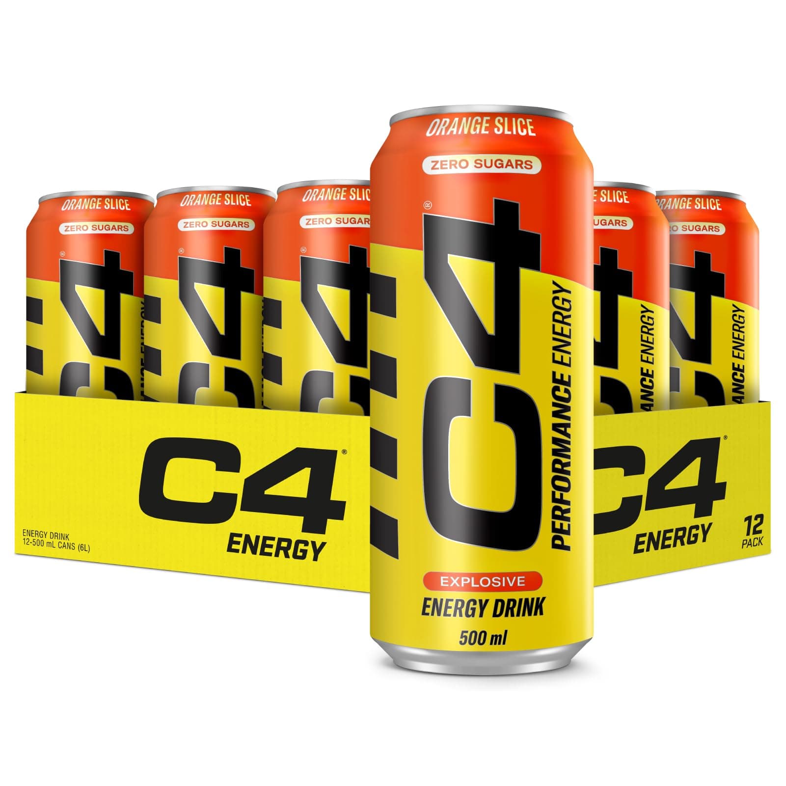 C4 Explosive Carbonated Energy Drink | Zero Sugar, Low Calorie Pre-Workout with 160mg Caffeine, Beta-Alanine & Taurine | Energy for Focus & Performance | Orange Slice | 500ml Cans | Pack of 12