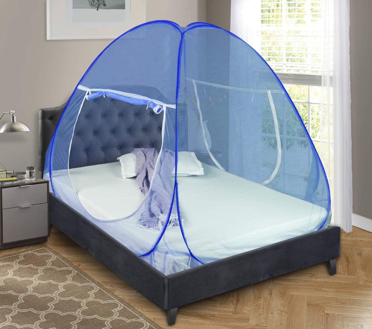 ROYALE Mosquito Net Foldable King Size (Double Bed) with Free Saviours - (Full Blue)