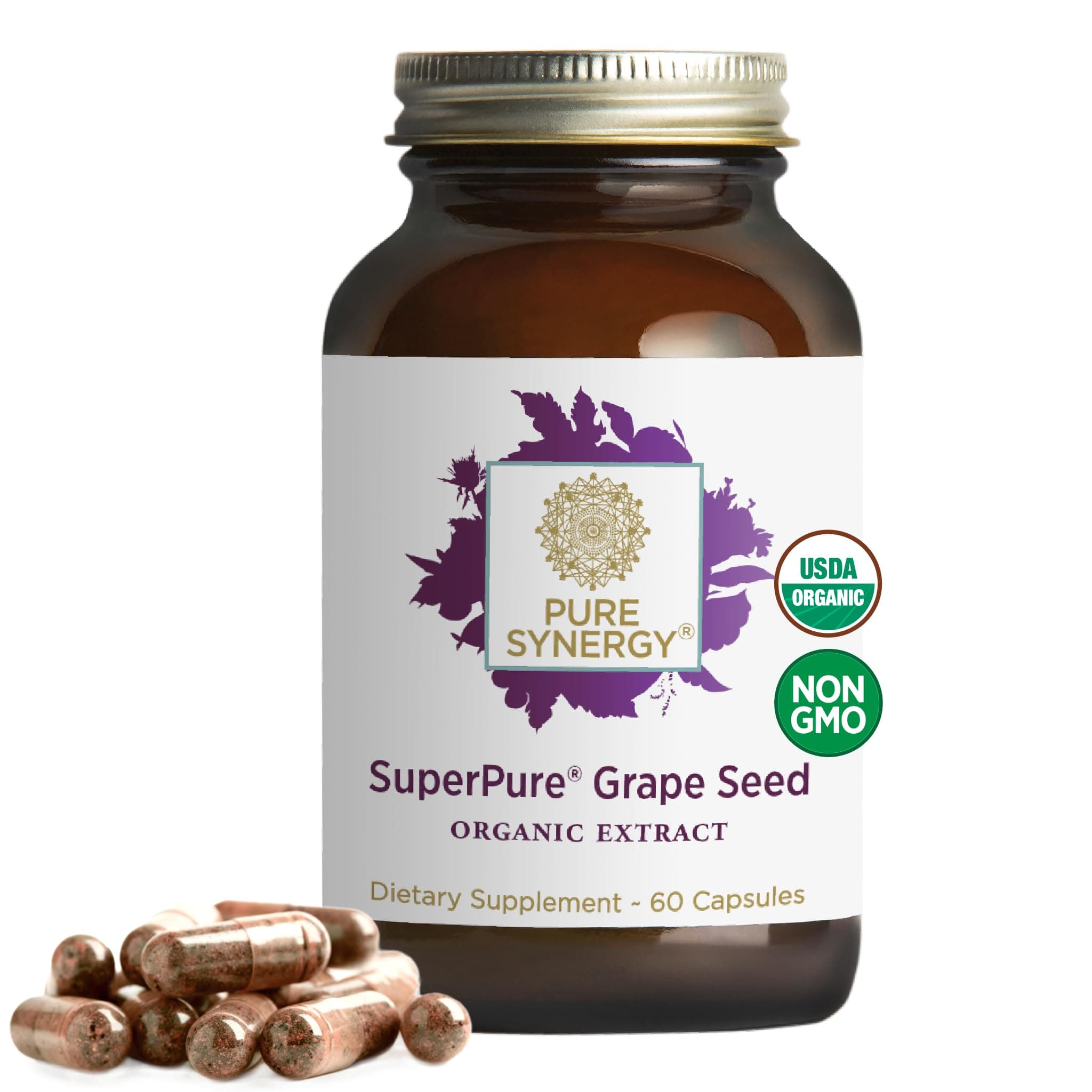 Pure Synergy SuperPure Grape Seed Extract | Organic Grape Seed Polyphenols Supplement with Whole Fruit | for Heart Health, Skin, and Healthy Aging Support (60 Capsules)