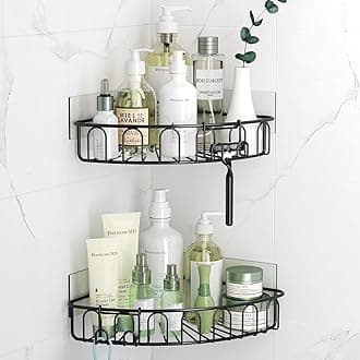 Corner Shower Caddy with 2 Hooks Wall Mounted Metal Bathroom Shelf Storage Organizer Adhesive No Drilling 2 Pack, Black Only for 90-Degree Corner