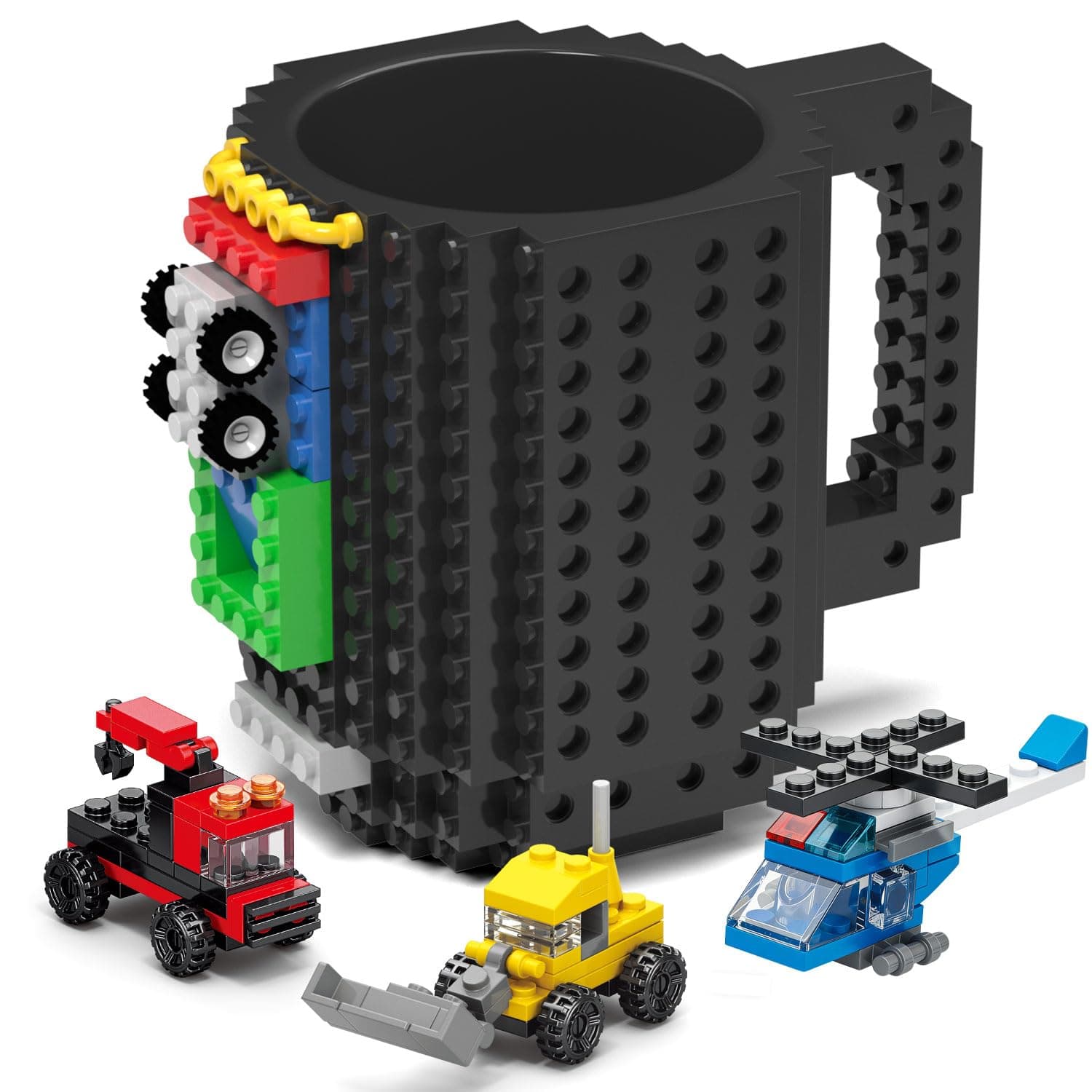Build-on Brick Mug Set with 3 Random Packs of 2-in-1 Bricks, Cool Coffee Mugs for Kids, Creative Novelty Funny Coffee Mug Cup Gift for Kids Men Dad Adults Women Xmas Christmas - Black