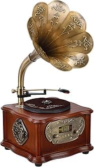 Wooden Gramophone Vinyl Record Player Speakers System Control 33/45 RPM FM AUX USB Ouput Bluetooth 4.2