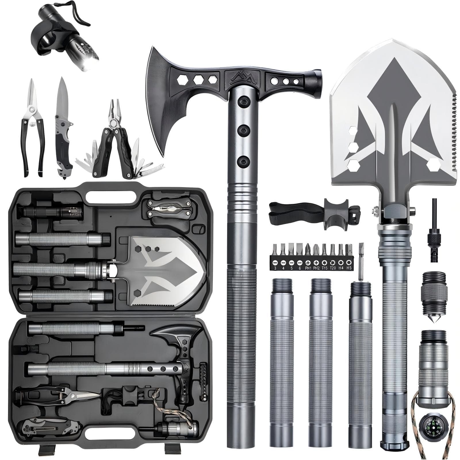 ZENHOSIT Multifunctional Folding Tactical Shovel Hatchet Combo - With Axe, Flashlight, Extension Handles - For Camping, Cycling, Hiking - 19.3-40.9 Inches