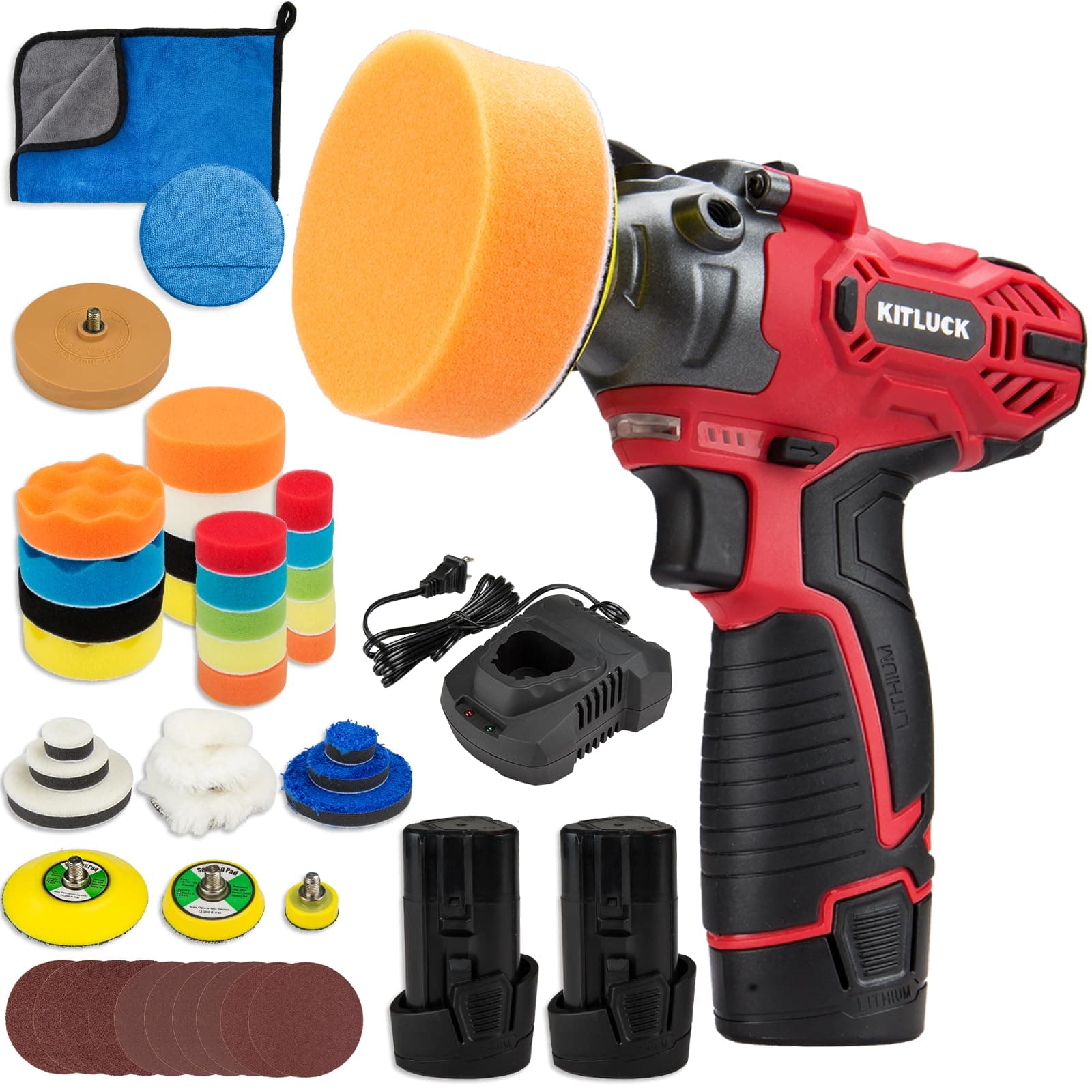 Cordless Buffer Polisher, 12V Mini Wax Buffer & Sander with 2 X 2.5Ah Battery & Charger, 1/2/3" Backing Plate, 40pcs Polishing Pads, Variable Speed for Car Detailing/Buffing/Sanding/Waxing