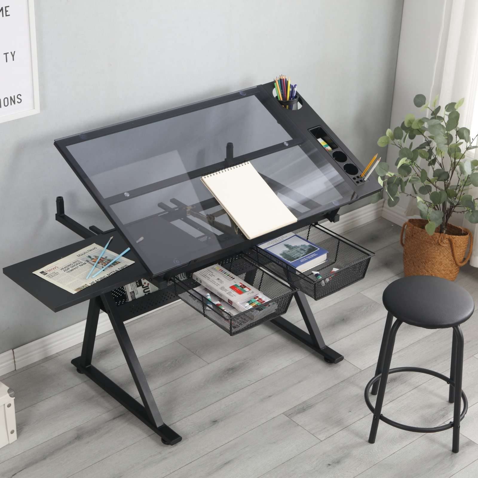 Drafting Table with Stool, Modern Black Adjustable Tempered Glass Printing Artwork Desk for Art Studio Home Office School