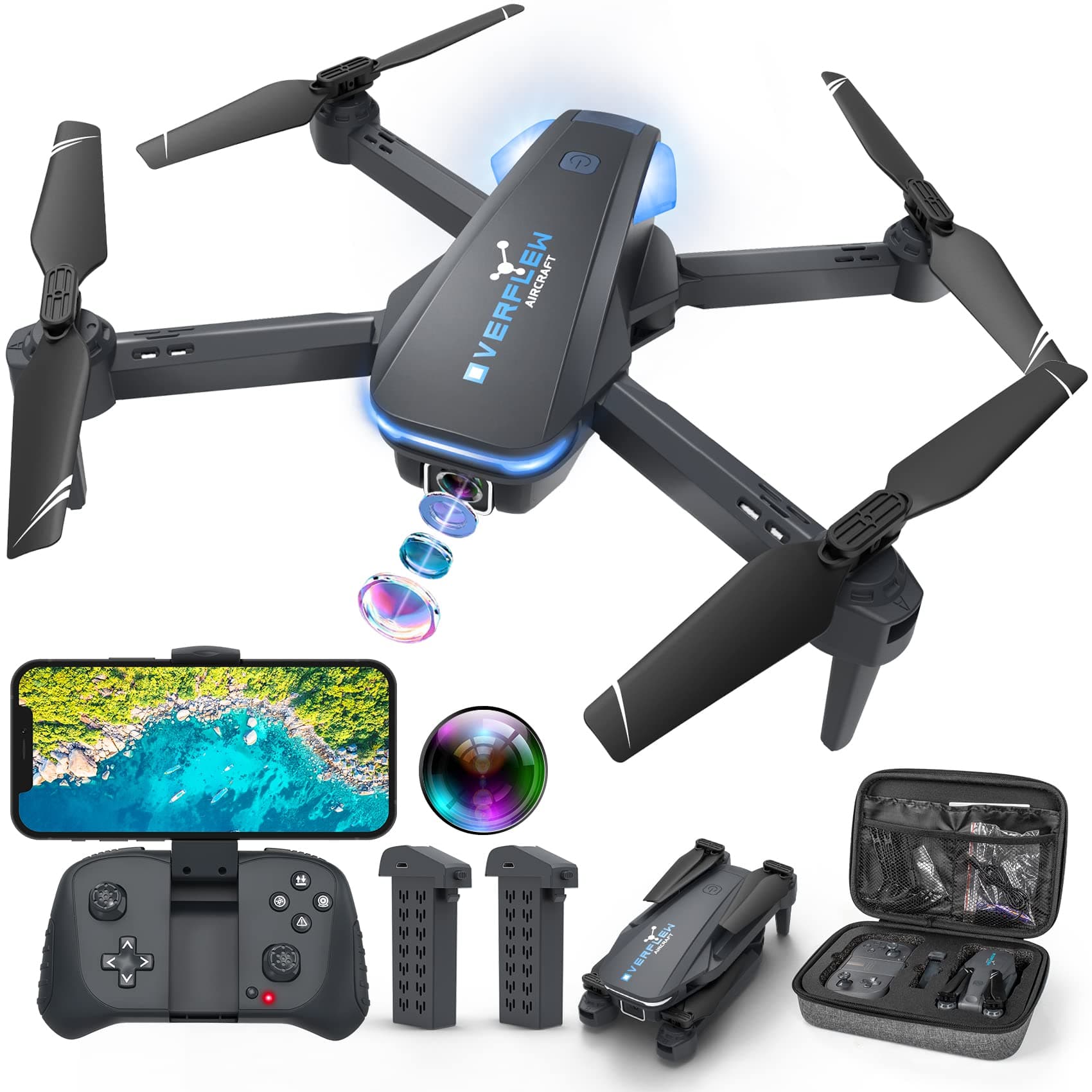 Hiturbo Drone with 1080P Camera for Beginners and Kids, Foldable Remote Control Quadcopter with Voice Control, Gestures Selfie, Altitude Hold, One Key Start, 3D Flips, 2 Batteries, Toy for Boys Girls