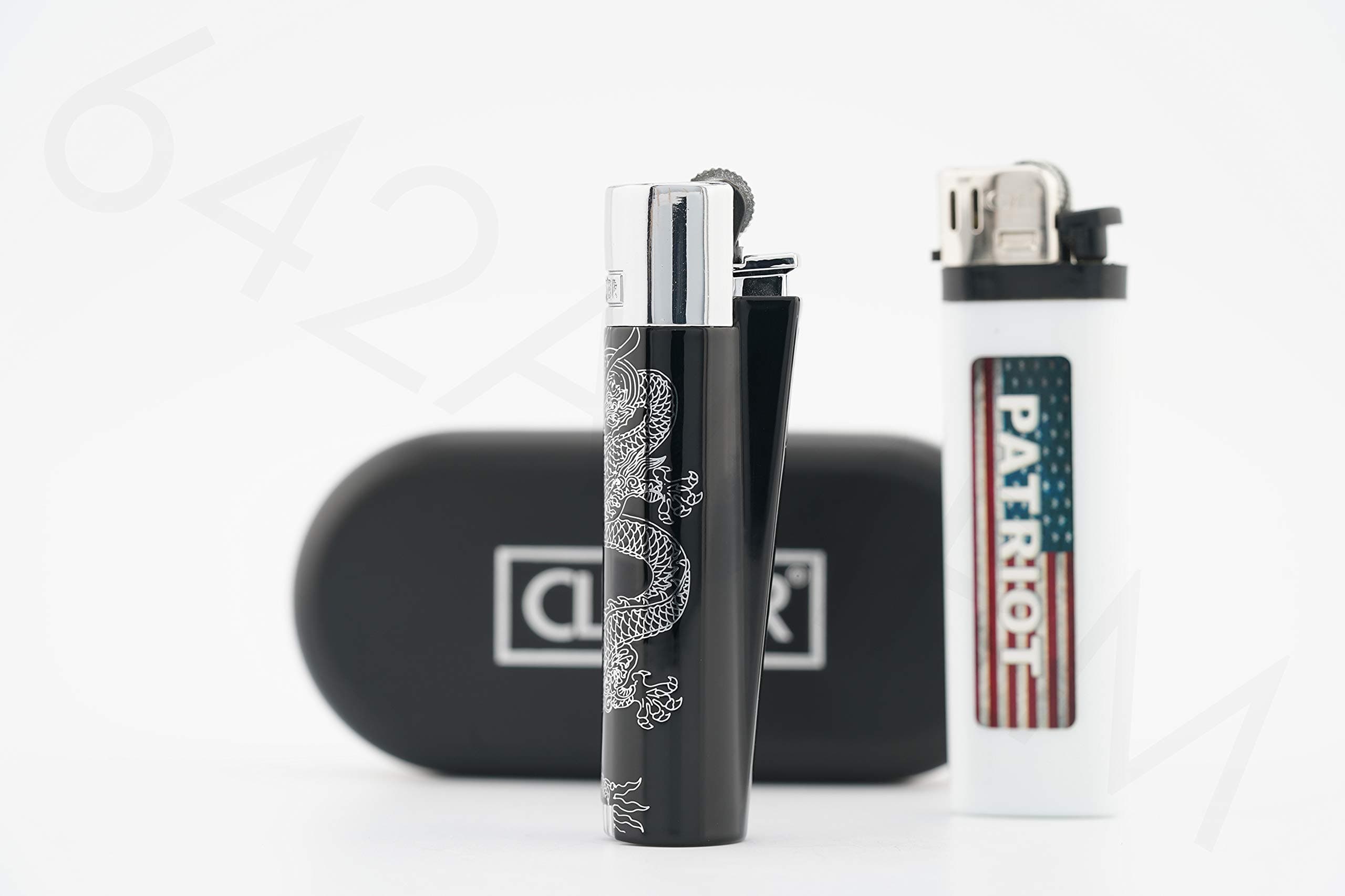Bundle - 2 Items - Clipper Silver Dragon Metallic Refillable Regular Flame Lighter with Gift Box and Patriot Disposable Lighter