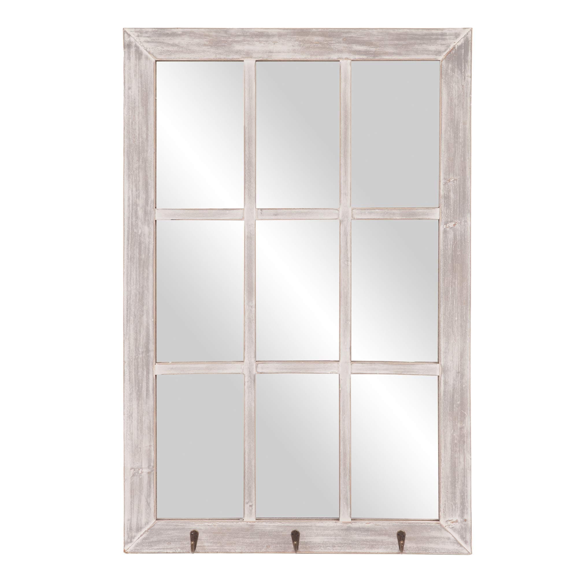 Patton Wall Decor 24x36 Distressed White Windowpane Wall Mirror with Hooks