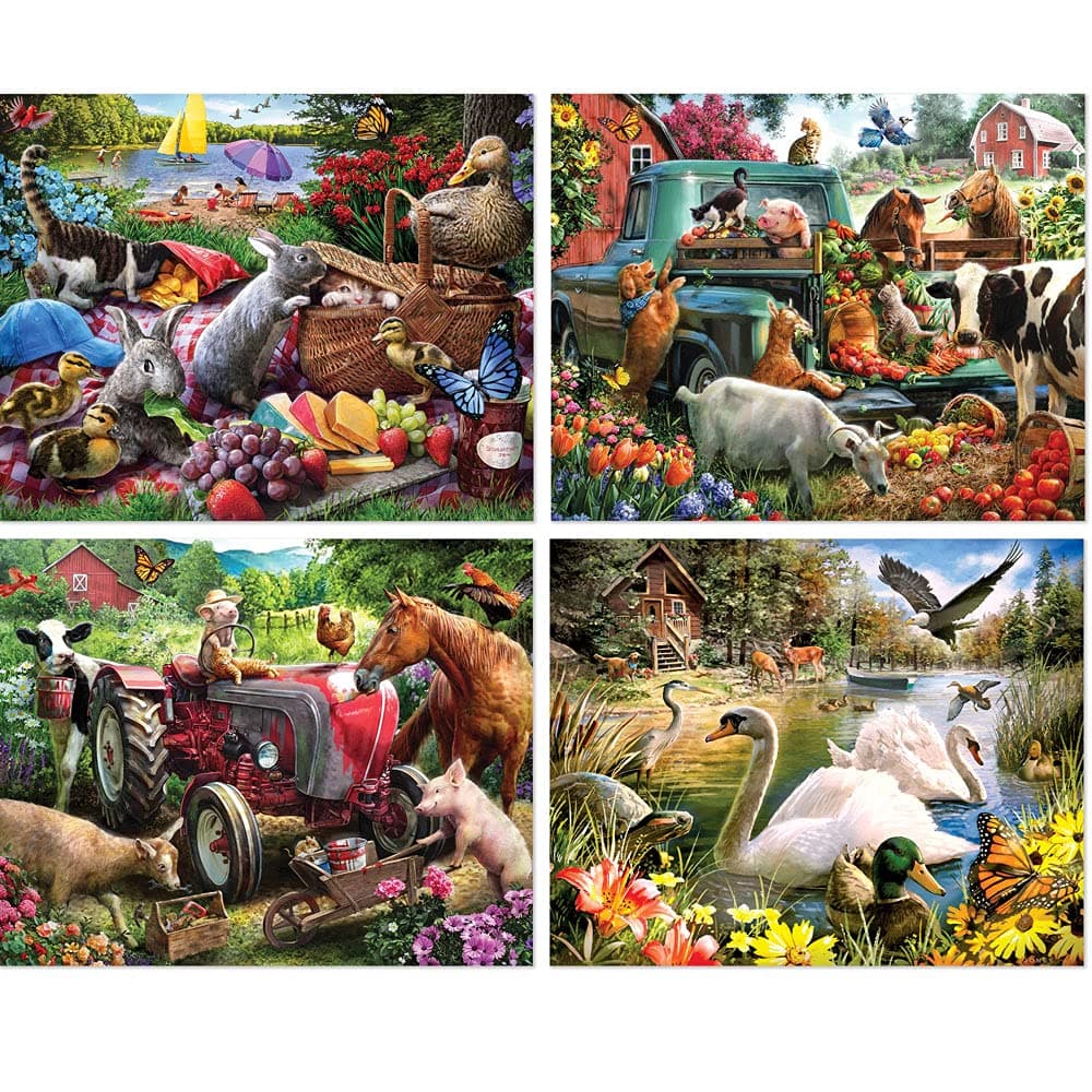Bits and Pieces - 4-in-1 Multi Pack - 1000 Piece Jigsaw Puzzles for Adults - 20" x 27" - 1000 pc Picnic Tractor Summer Jigsaws by Artist Larry Jones