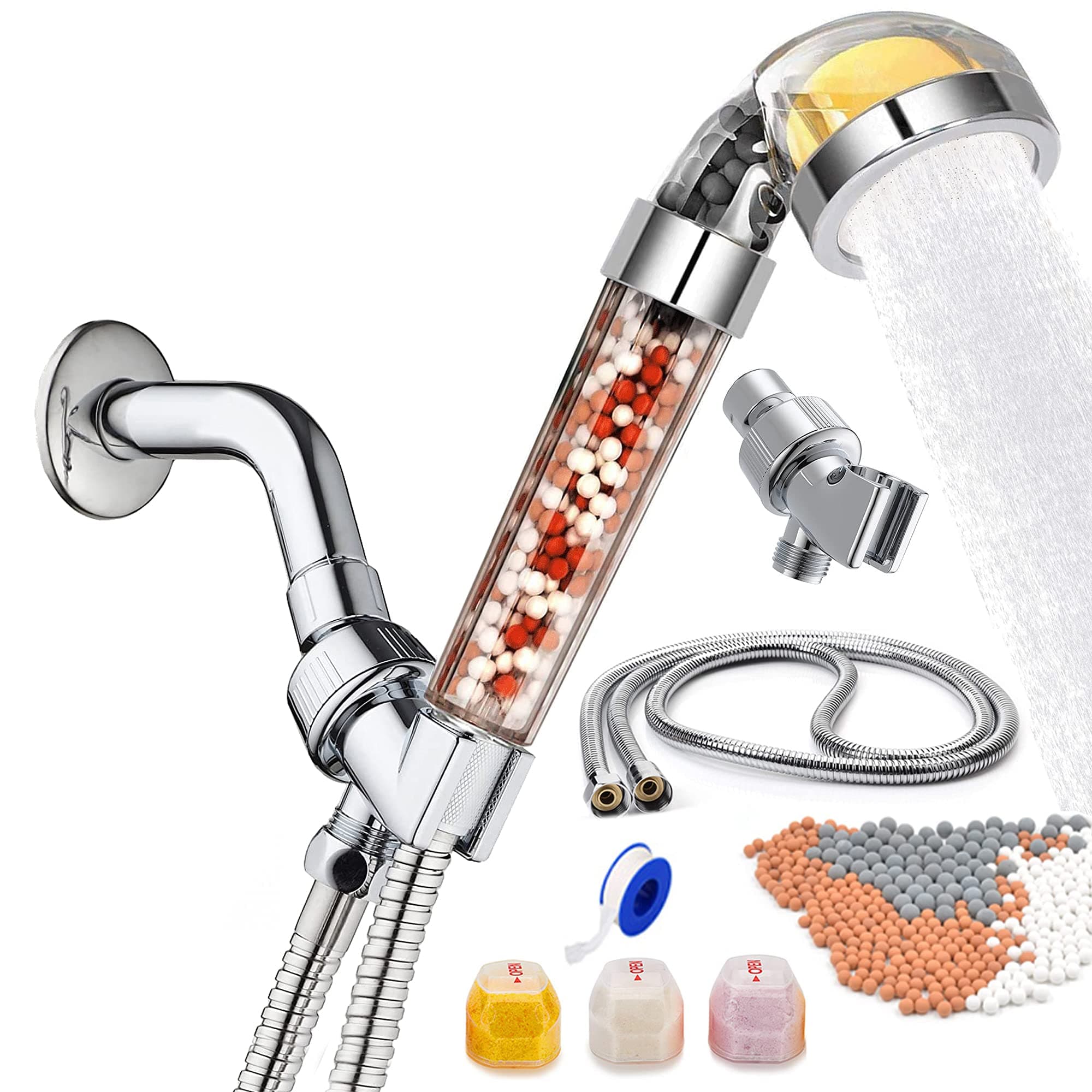 Vitamin C Filter Shower Head with Hose & 3 Replacement Balms - Handheld High Pressure Filtered Shower Head - Hard Water Softener with Citrus Smell for Dry Skin, Reduce Residual Impurities in Water