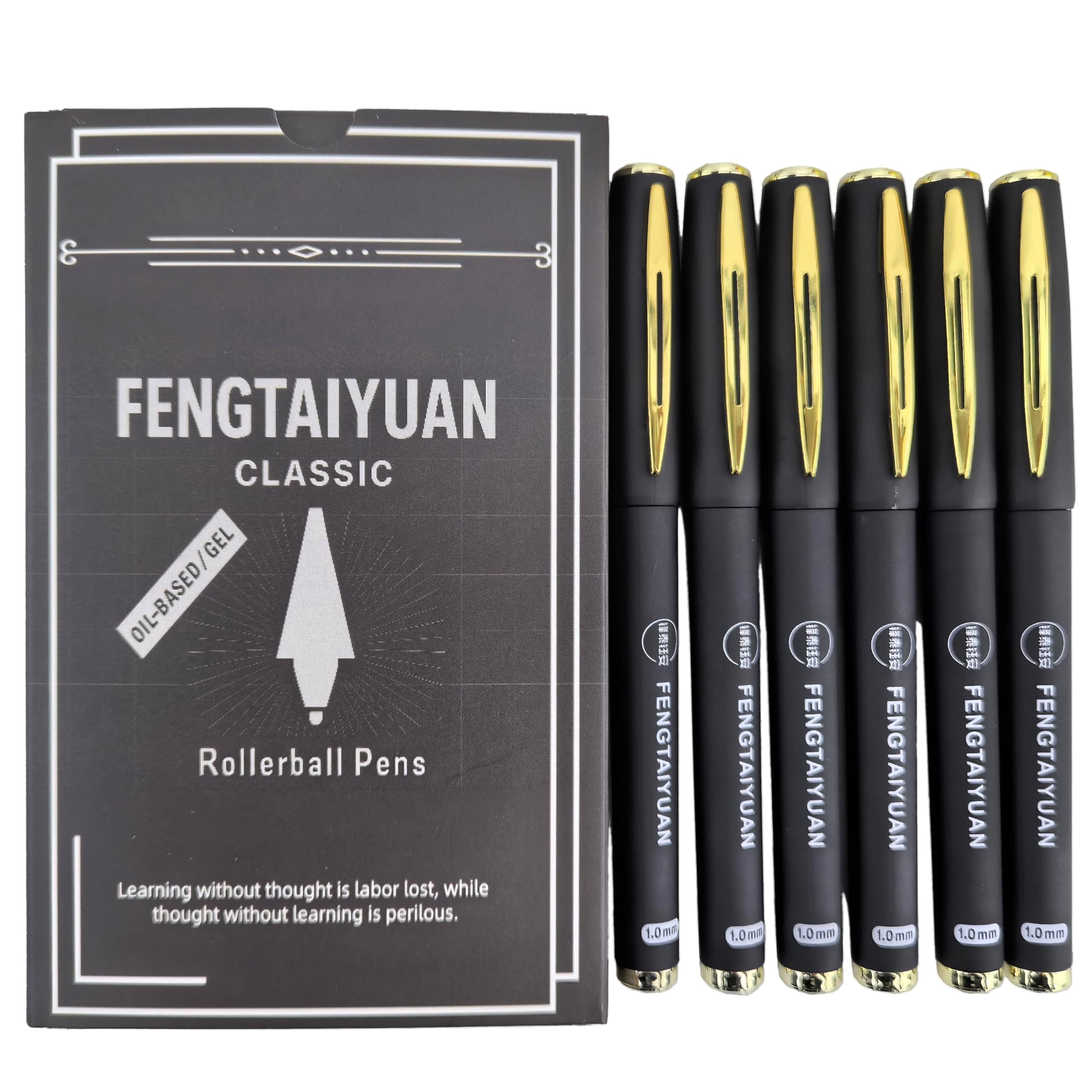 Fengtaiyuan Capped Gel Pens, 1.0mm Bold Point Quick Dry Black Ink, Soft Touch Thick Anti-Slip Textured Barrel with Heavy-Duty Metal Clip, Smooth Writing Pens for Marking Signing Office [Pack of 6]