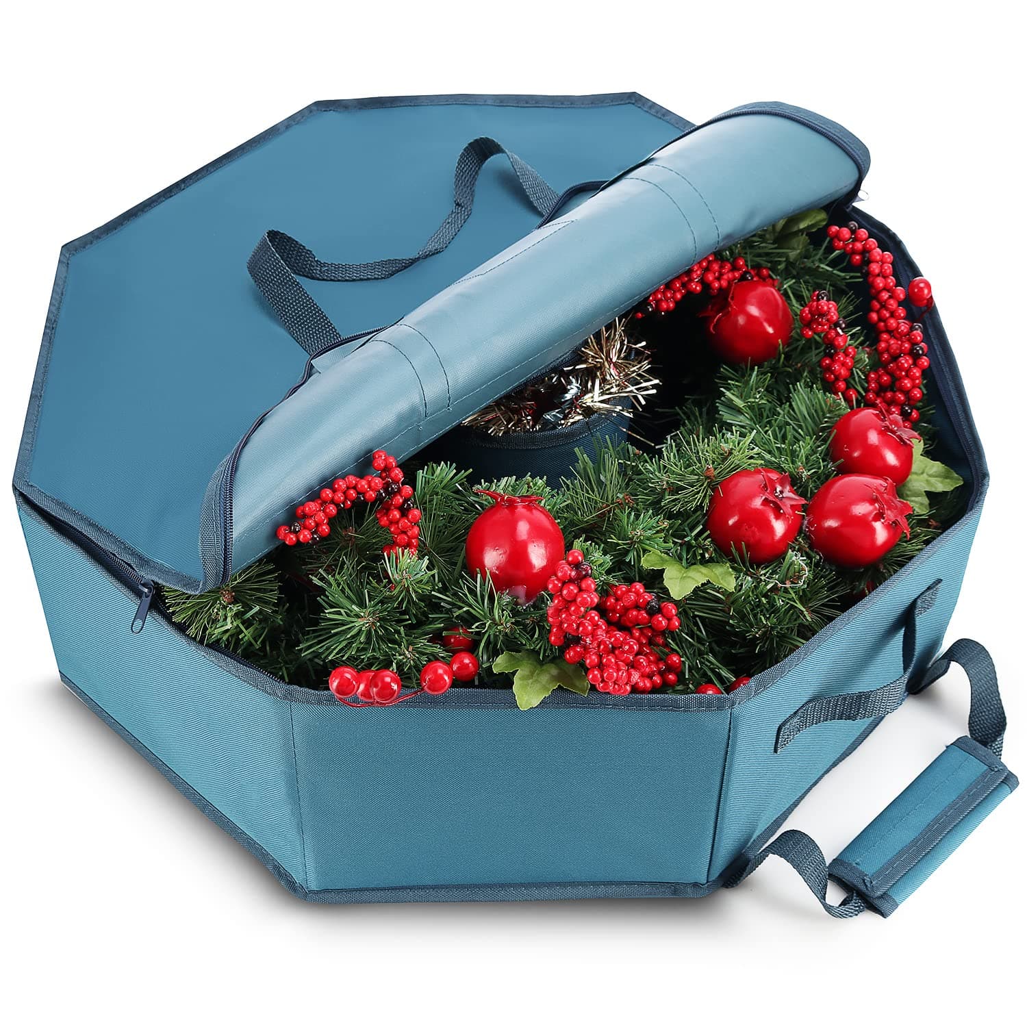 Hearth & Harbor Wreath Storage Container - Hard Shell Christmas Wreath Storage Bag with Interior Pockets, Dual Zipper and Handles - 36"