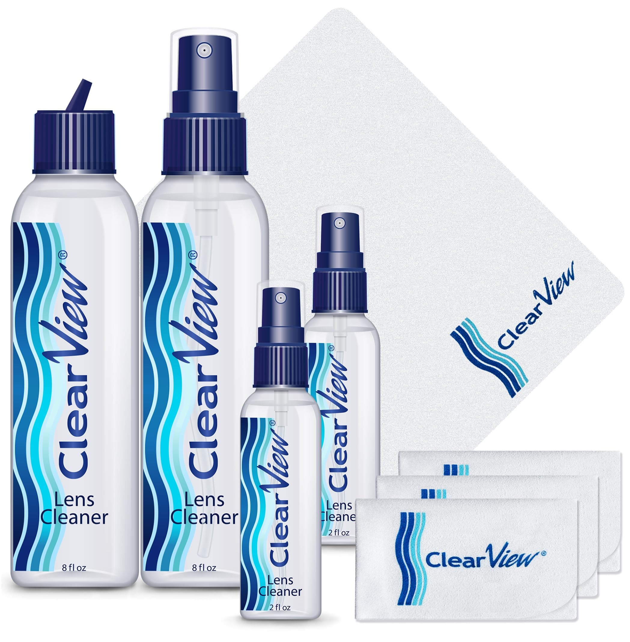 Clear View Lens Cleaner Kit – 4 Bottles + 4 Microfiber Cloths | Streak-Free Eyeglass & Screen Cleaning Spray | Safe for AR & Blue-Light Lenses | 8 oz + Travel Sizes