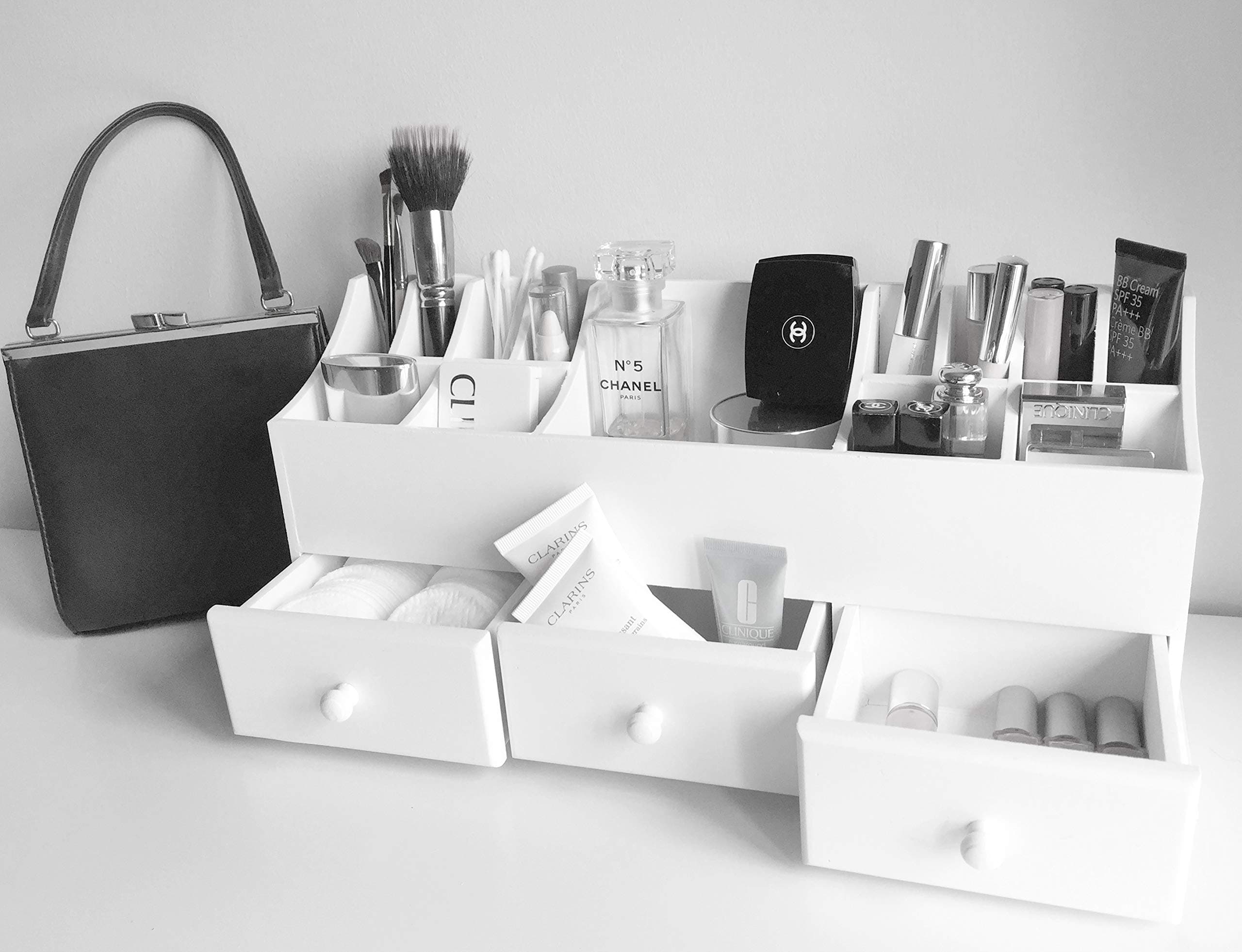 Wooden Desk Tidy White Make-up Organiser Multi Function