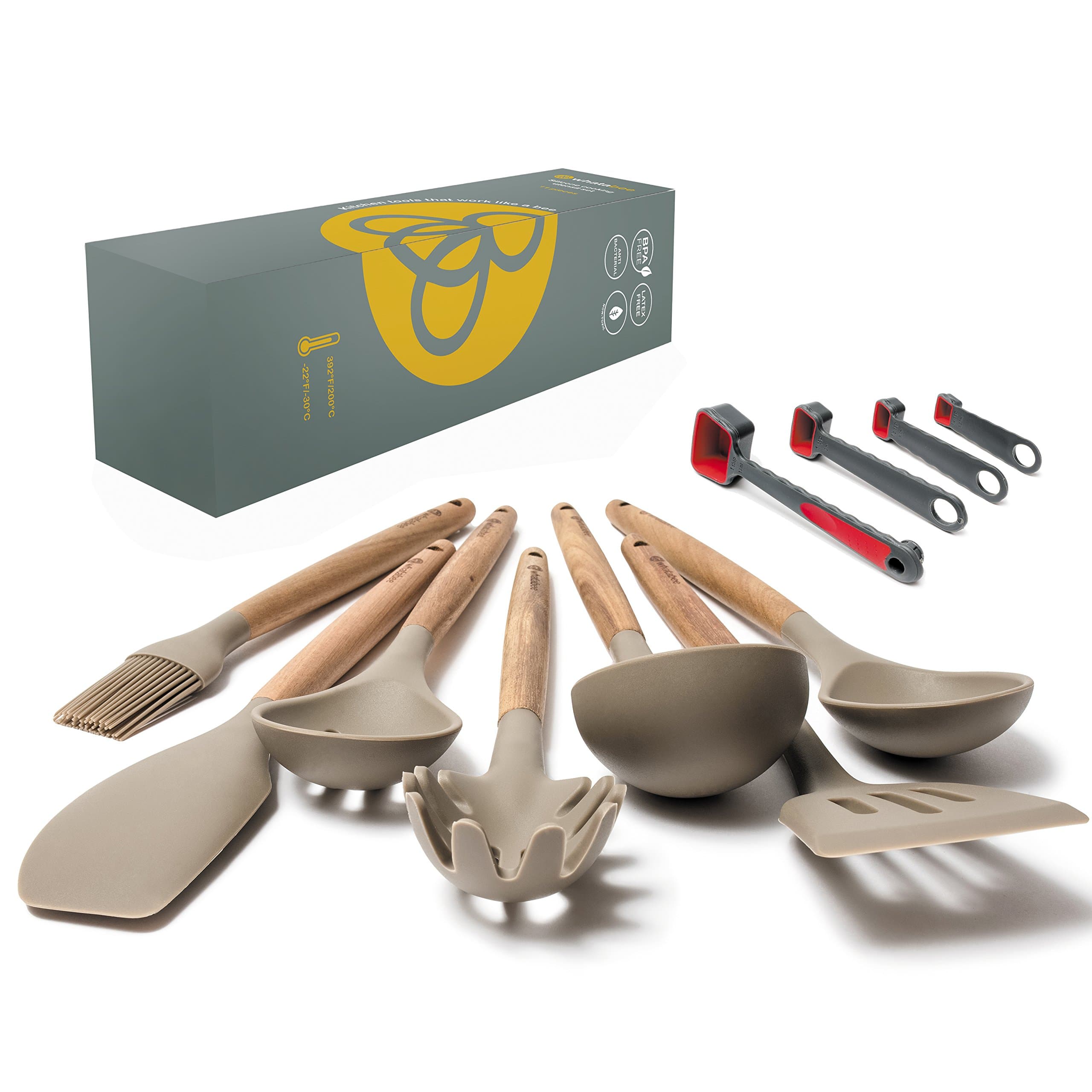 Silicone Kitchen Utensils Set - 11 Piece Camping Cooking Tools Set, Grey - Heat Resistant Spatula & Spoon Items for Nonstick Cookware Plus Plastic Measuring Spoons - Acacia Hard Wood Handles