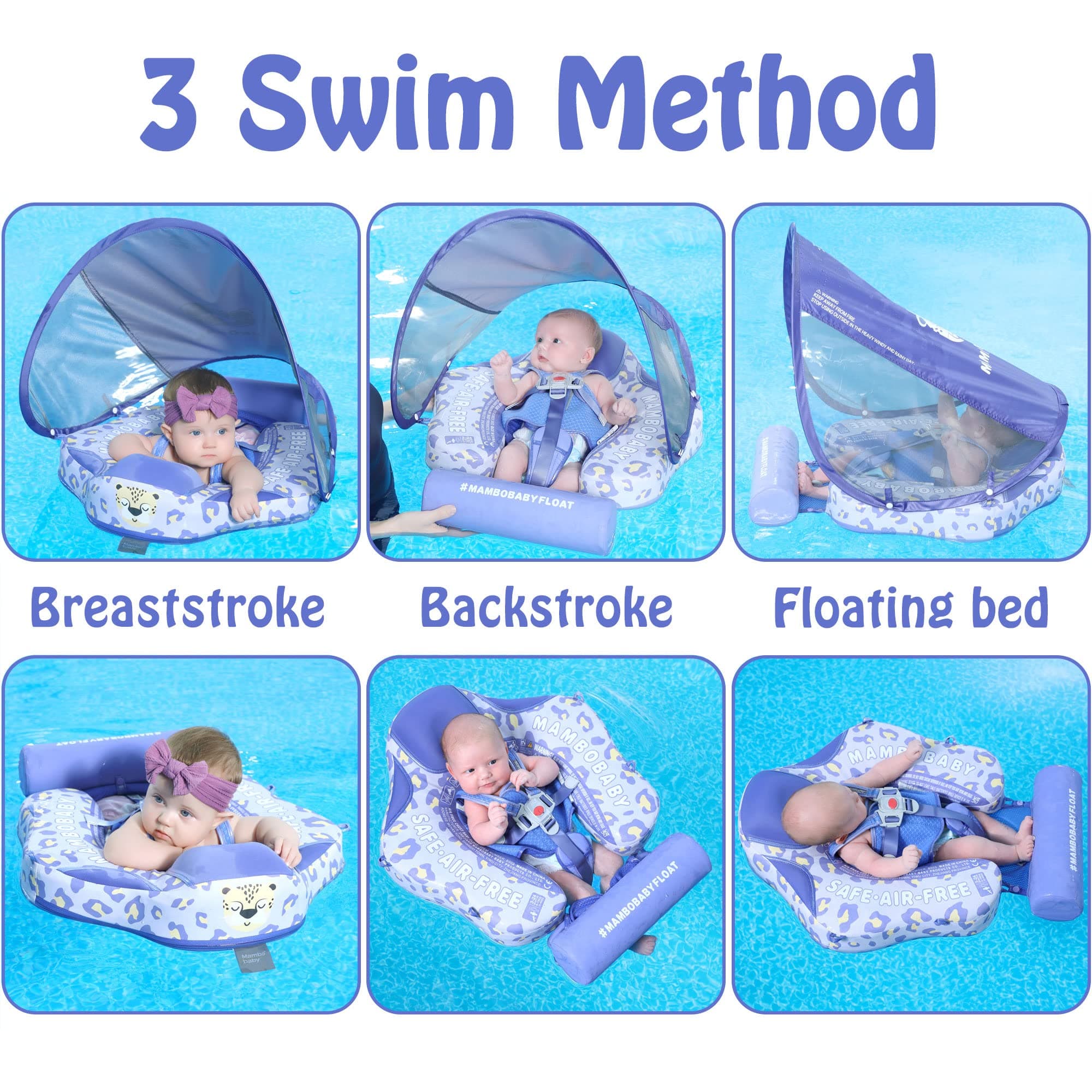 Mambobaby Baby Floats with Canopy, Non Inflatable Swimming Pool Float UPF 50+Canopy Protection No Flip Over Upgrade Tail Pool Float Water Float Summer for Infant Toddler 3-24 Months, Leopard Purple