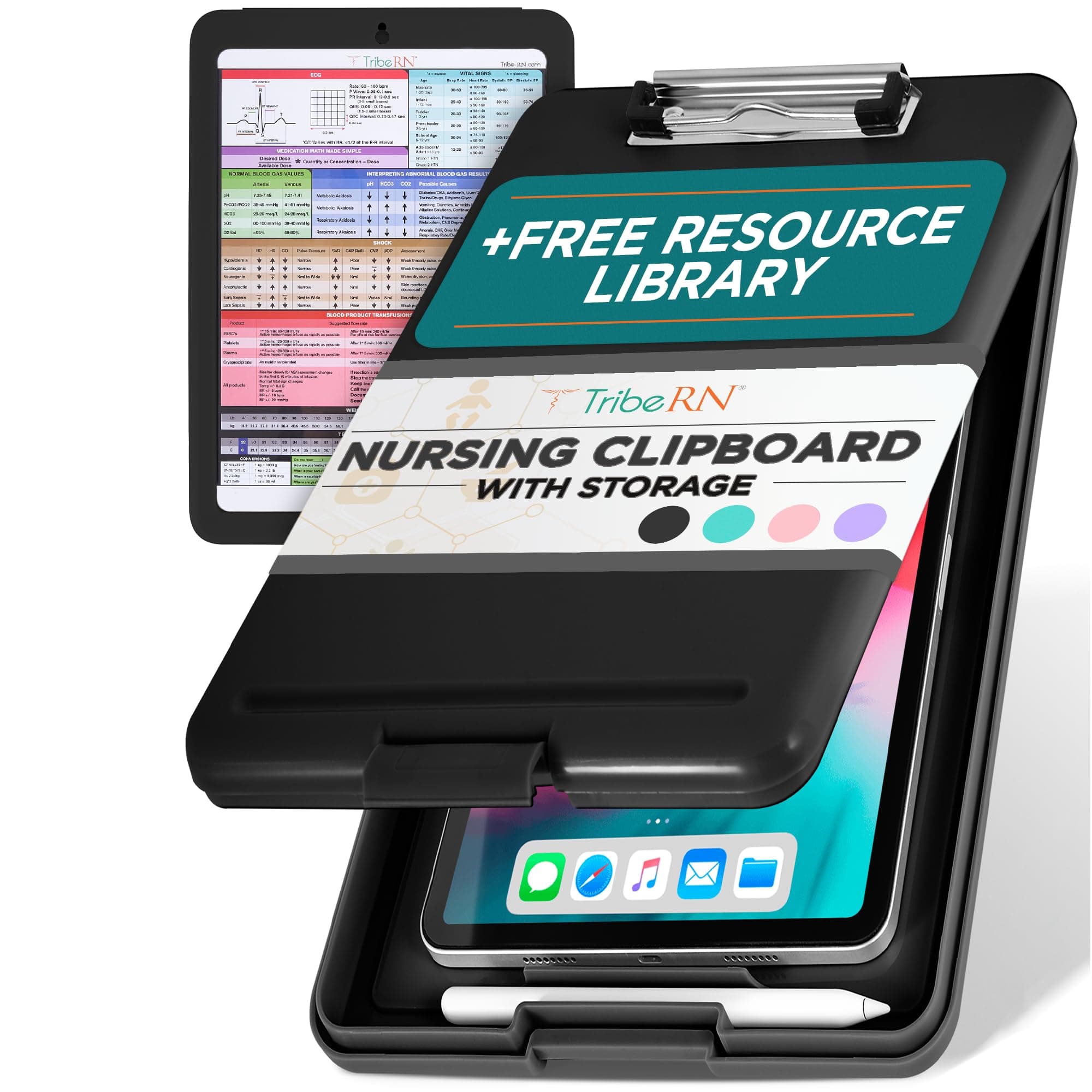 Tribe RN Nursing Clipboard with Storage - Medical Clipboard Nursing Essentials for Nurses and Nursing Students School Supplies with Quick Access Reference Guide (Black)