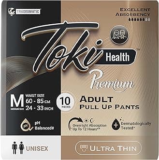 TokiHealth Ultra Thin Premium Adult Diapers Pants Pull up Style | Unisex with Advanced Odor Control and Dermatologically Tested | Medium (M) - Waist Size 24 to 33 inches (60-85cm) | 10 Units