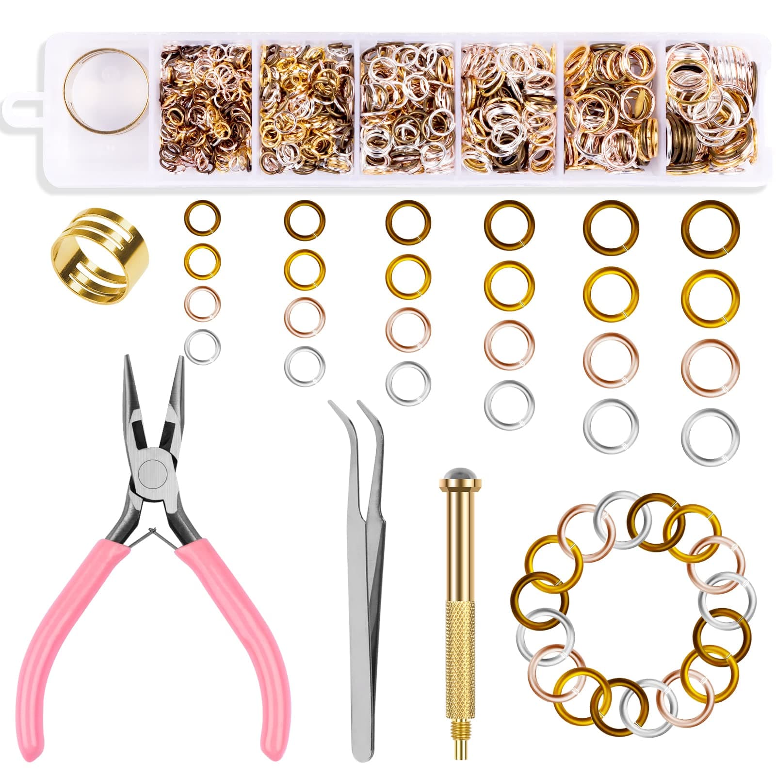 TOROKOM 1014 Pcs Nail Art Dangle Charms Piercing Tool Hand Drill, 6 Sizes 4 Colors Open Jump Rings for Jewelry Making with Jump Ring Opener, Nail Charms Nail Jewelry Rings with Pliers and Tweezers