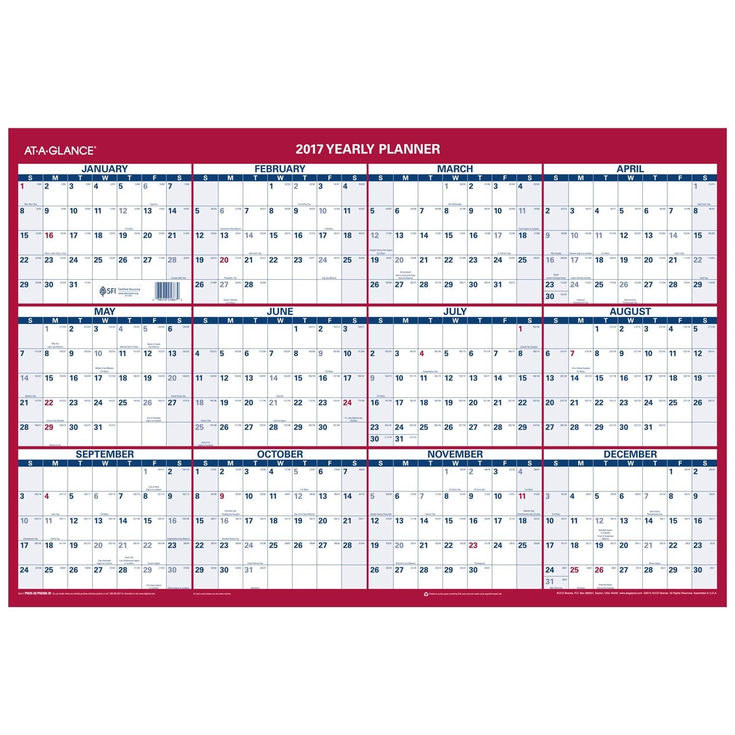 AT-A-GLANCE Wall Calendar 2017, Erasable, Reversible, Vertical/Horizontal, Planner, 36 x 24" (PM2628)