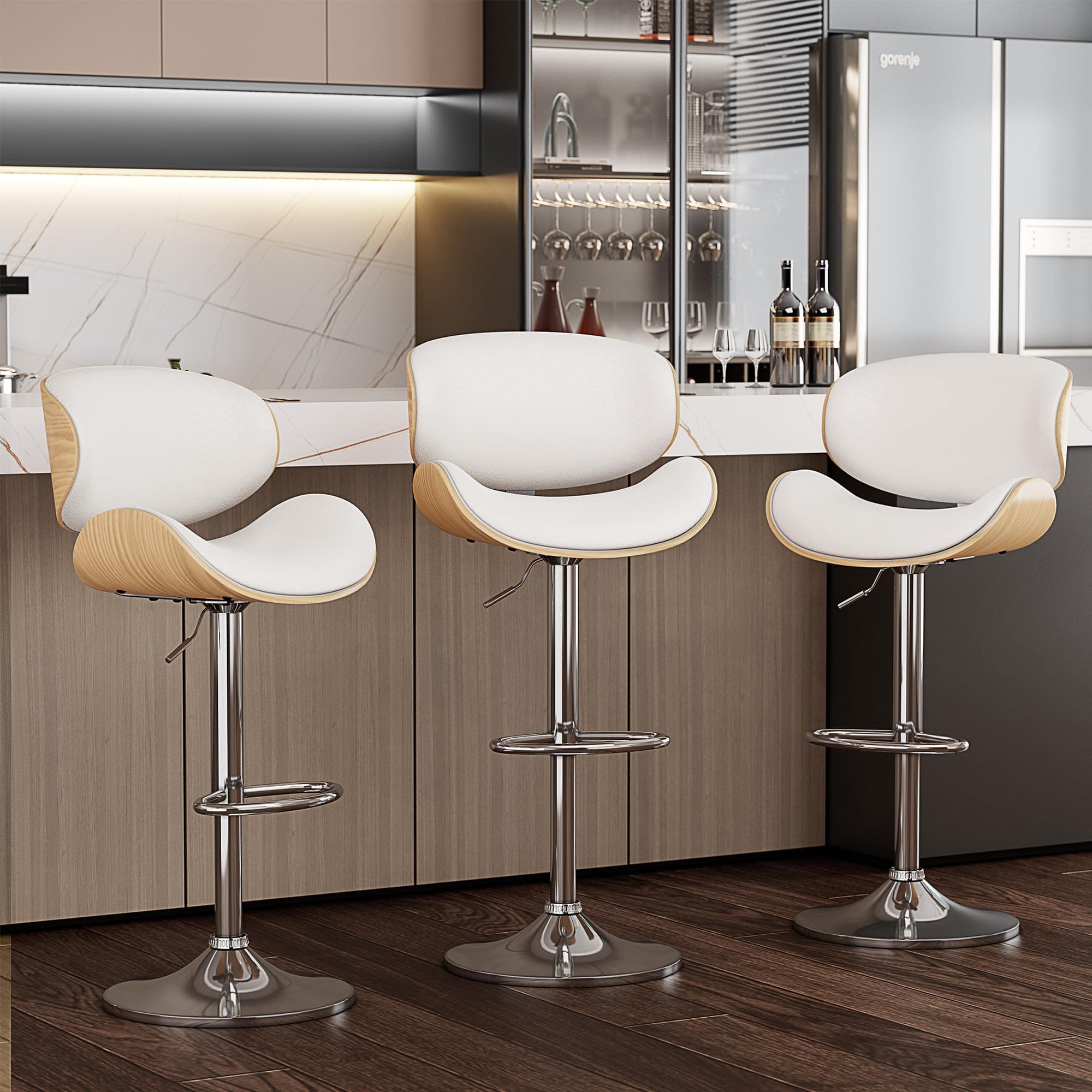 Bar Stools Modern PU Leather Adjustable Swivel Barstools, Kitchen Counter Bar Stool Island Barstool with Back Set of 3, Snow White