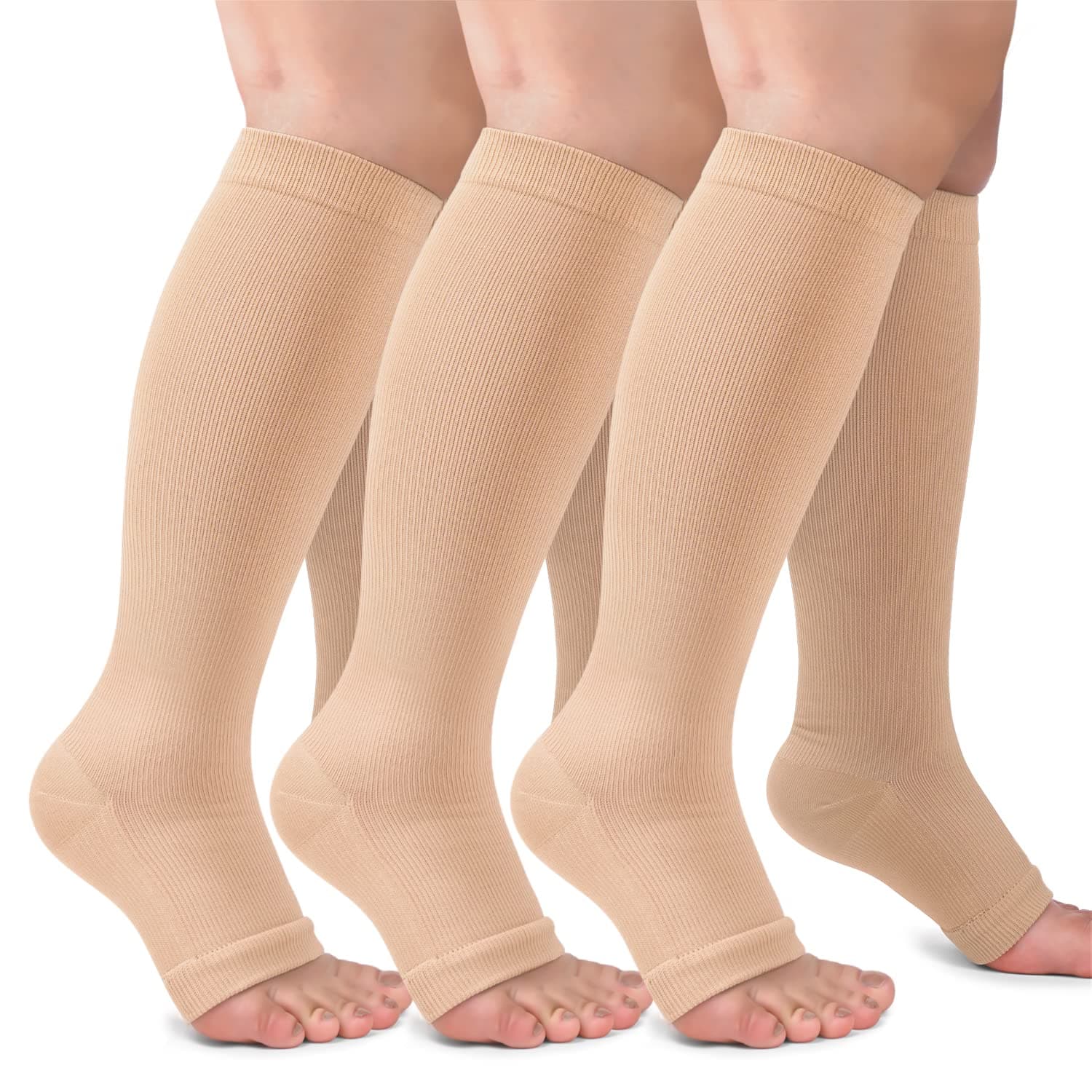 3 Pack Copper Compression Socks for Women & Men, 20-30mmHg Open Toe Knee High Stockings for Circulation Support