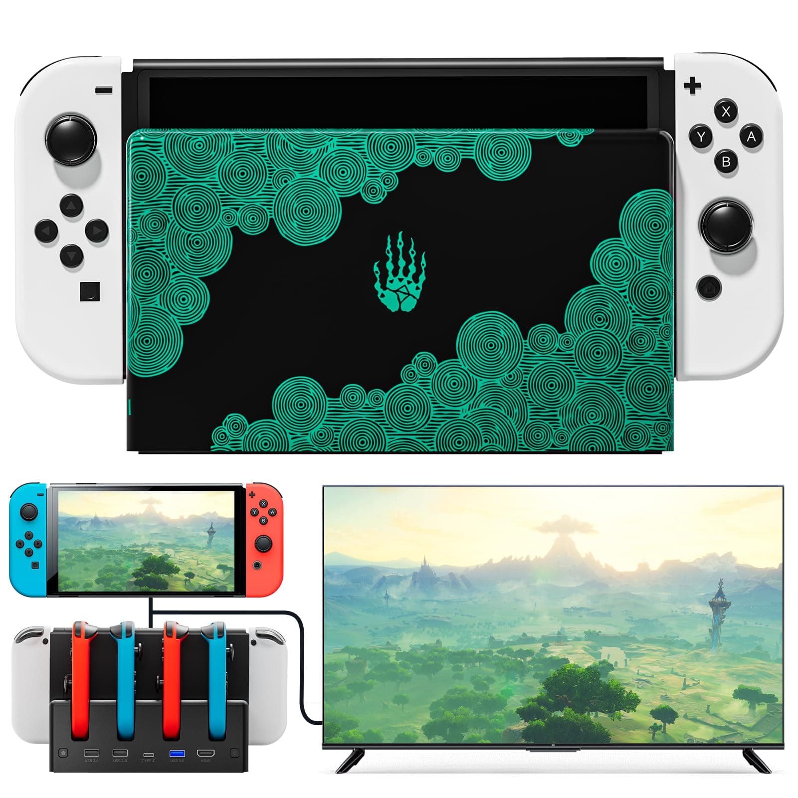 FUNLAB Switch Docking Station for TV Compatible with Nintendo Switch/OLED Charger&Dock, Lumindock Base Charging Dock with 7 LED Colors Pattern/HDMI/Type C/USB Port for Official Replacement