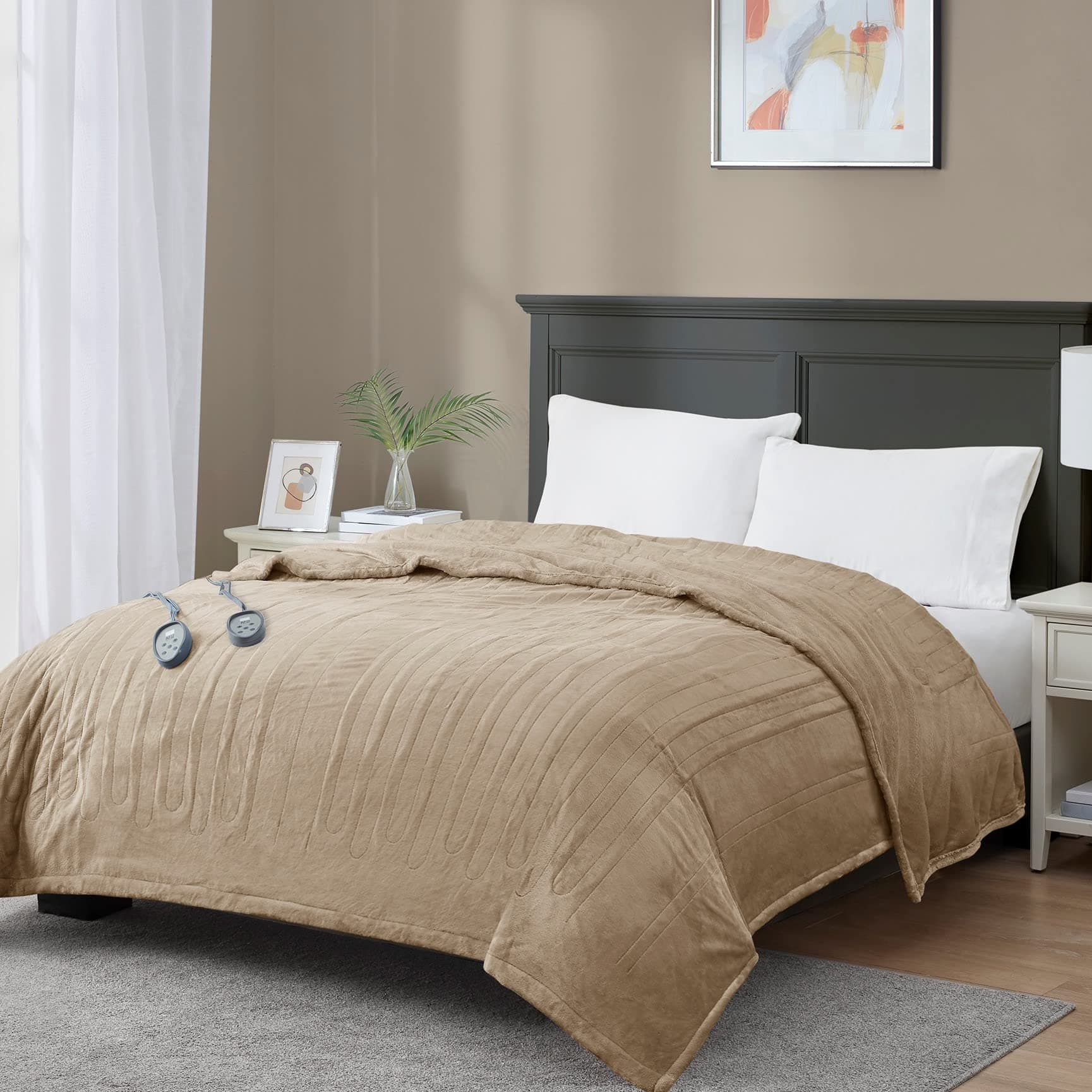 MP2 Queen Size Electric Blanket with Dual Control, Plush Heated Blankets | Machine Washable with 20 Heating Levels & 10 Hours Auto Off, UL Certified | 84x90 Inch, Tan