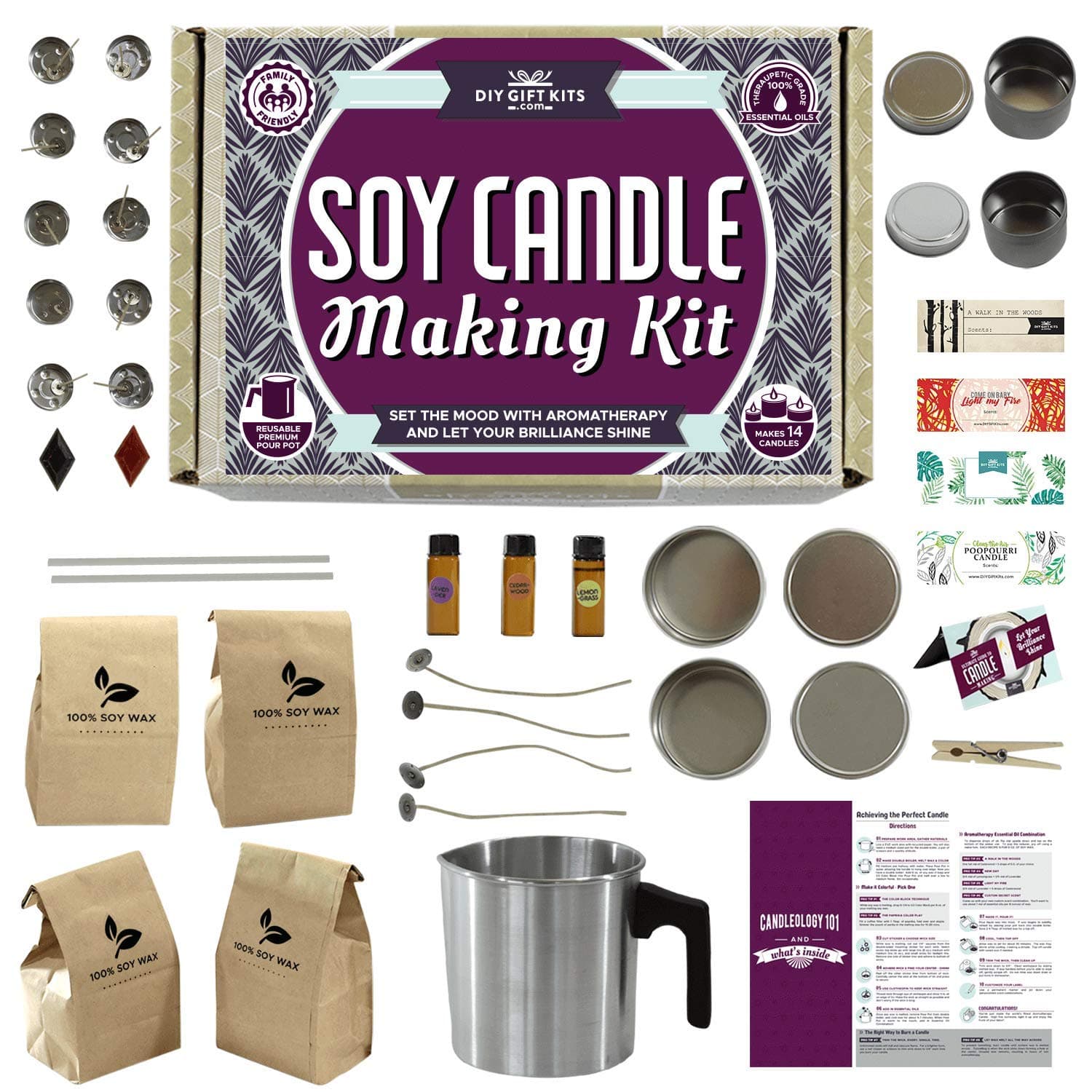 DIY Gift Kits 49-Piece Soy Candle Making Kit | Makes 14 Candles | 3 Pure Essential Oils, Soy Wax, Pouring Pot & More | DIY Starter Kit | Scented Candles Making Supplies | Great Gift for Men & Women