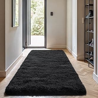Zentavio Runner Rugs for Hallway 2x6 Shag Soft Bedroom Bedside Rugs Non Slip Fluffy Carpet for Kids Girls Boys Home Decor Aesthetic Dorm Nursery Black