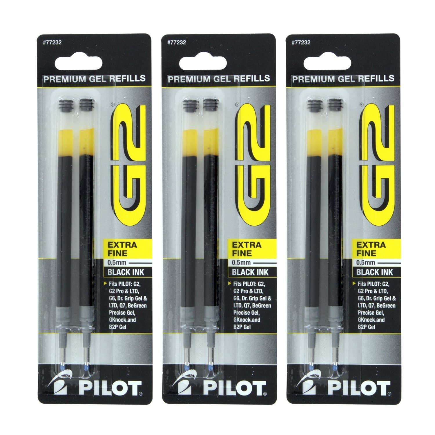 Pilot G2, Dr. Grip Gel/Ltd, ExecuGel G6, Q7 Rollerball Gel Ink Pen Refills, 0.5mm, Extra Fine Point, Black Ink, Pack of 6