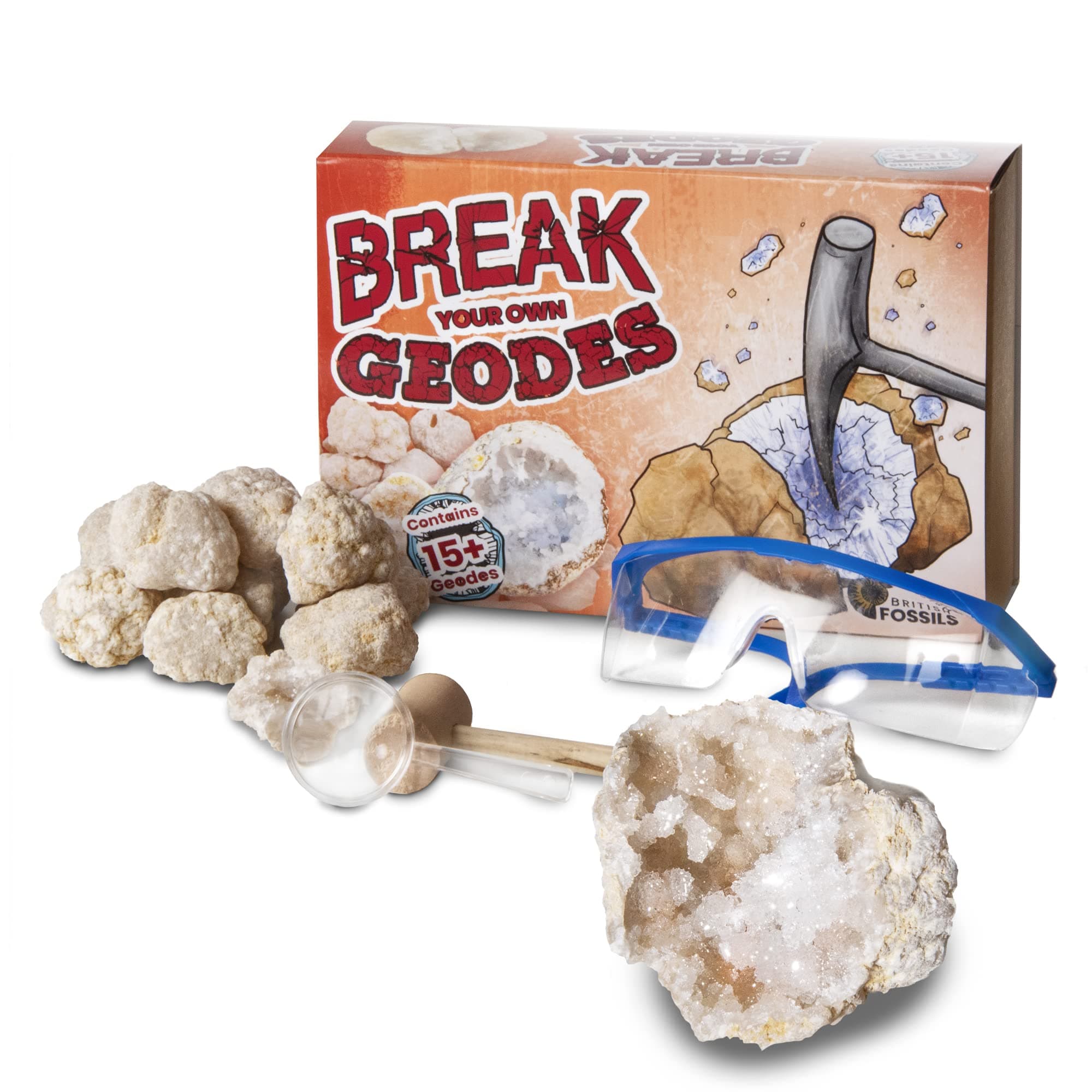 Break Open 15+ Large Geodes! - Includes an Information card, Safety goggles, Magnifying Glass and a Bag to Break Your Geodes!