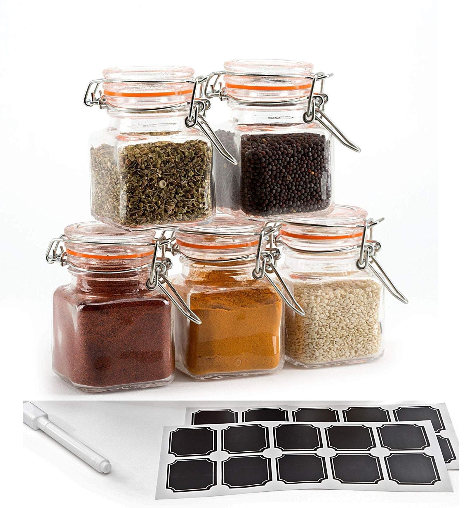 24 Pack - 3.4 Ounce Mini Square Glass Spice Jar with Orange Flip-Top Gasket, Airtight Clear Storage Jars, with REUSABLE labels and Pen by Premium Vials